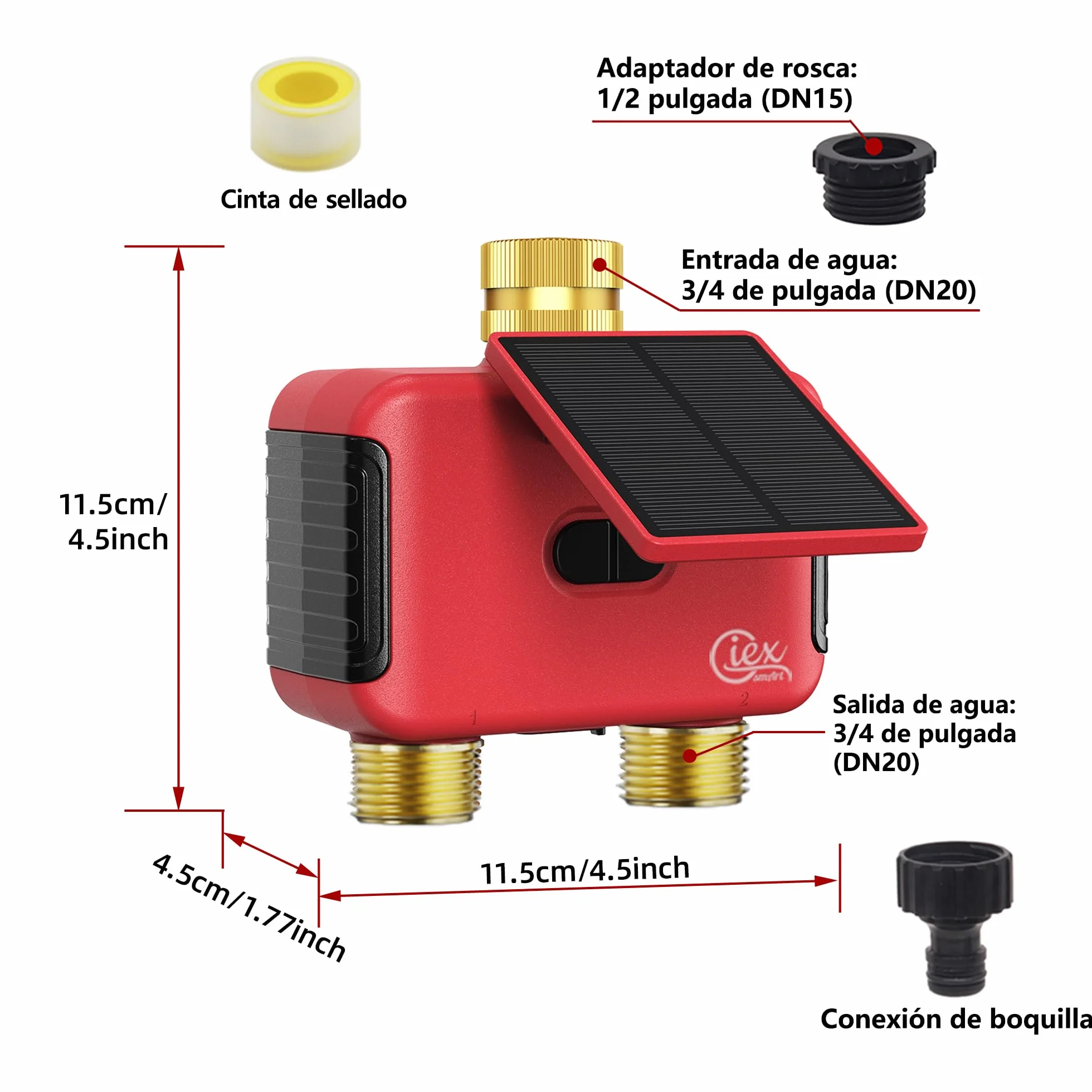 Programador de riego WiFi 2 Zonas, Temporizador Solar Recargable Doble Salida, Conectores Latón, App Smart Life, Alexa Google Assistant