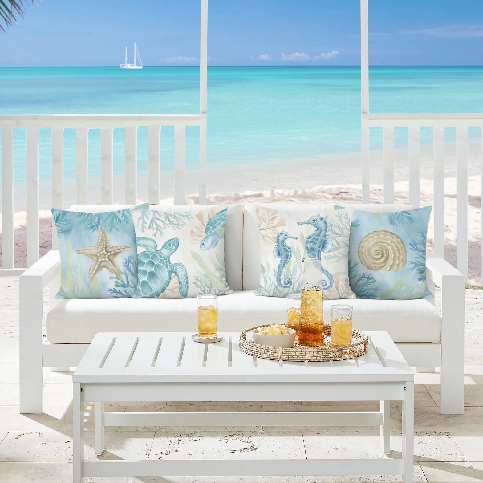 Bonhause Fundas de Cojín Océano Playa 50 x 50 cm Juego de 4 Terciopelo Suave Exterior