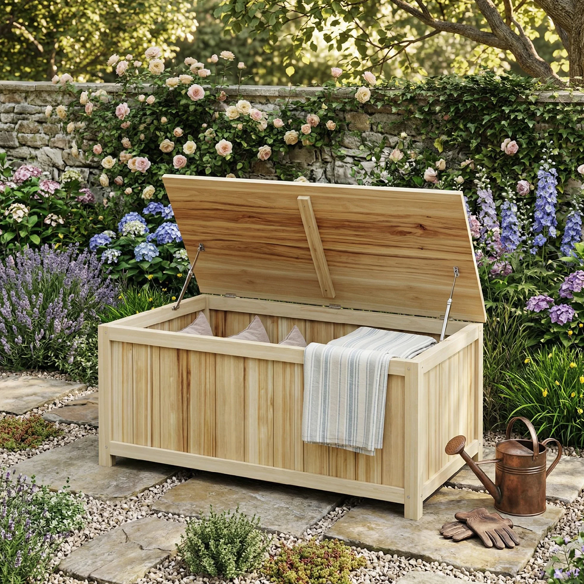 Outsunny Arcón Exterior de Madera 172 L con Tapa Abatible Baúl de Almacenaje Exterior Resistente a la Intemperie 120x55x45 cm