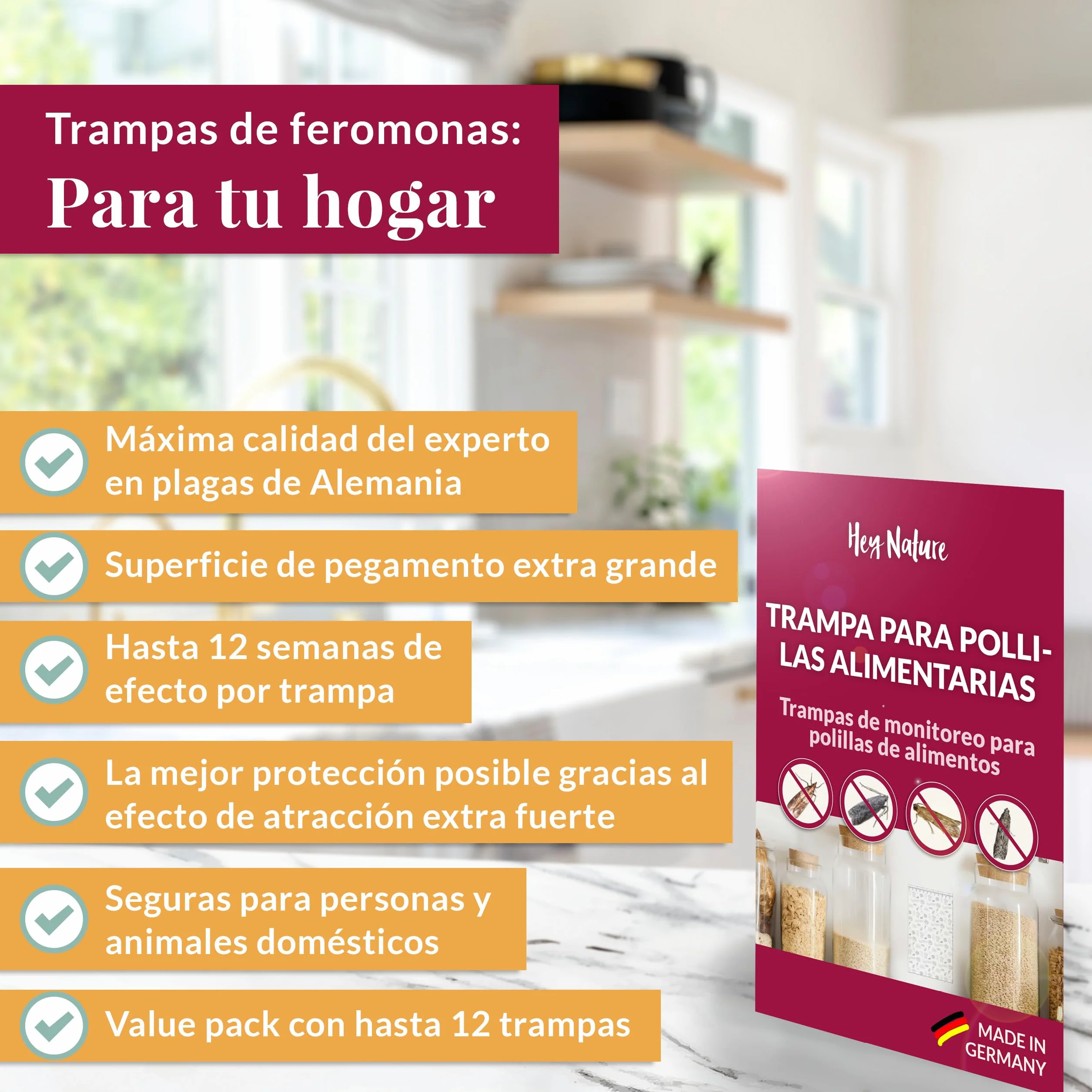 Hey Nature trampa para polillas de los alimentos, 12 piezas, sin insecticidas, atracción máxima