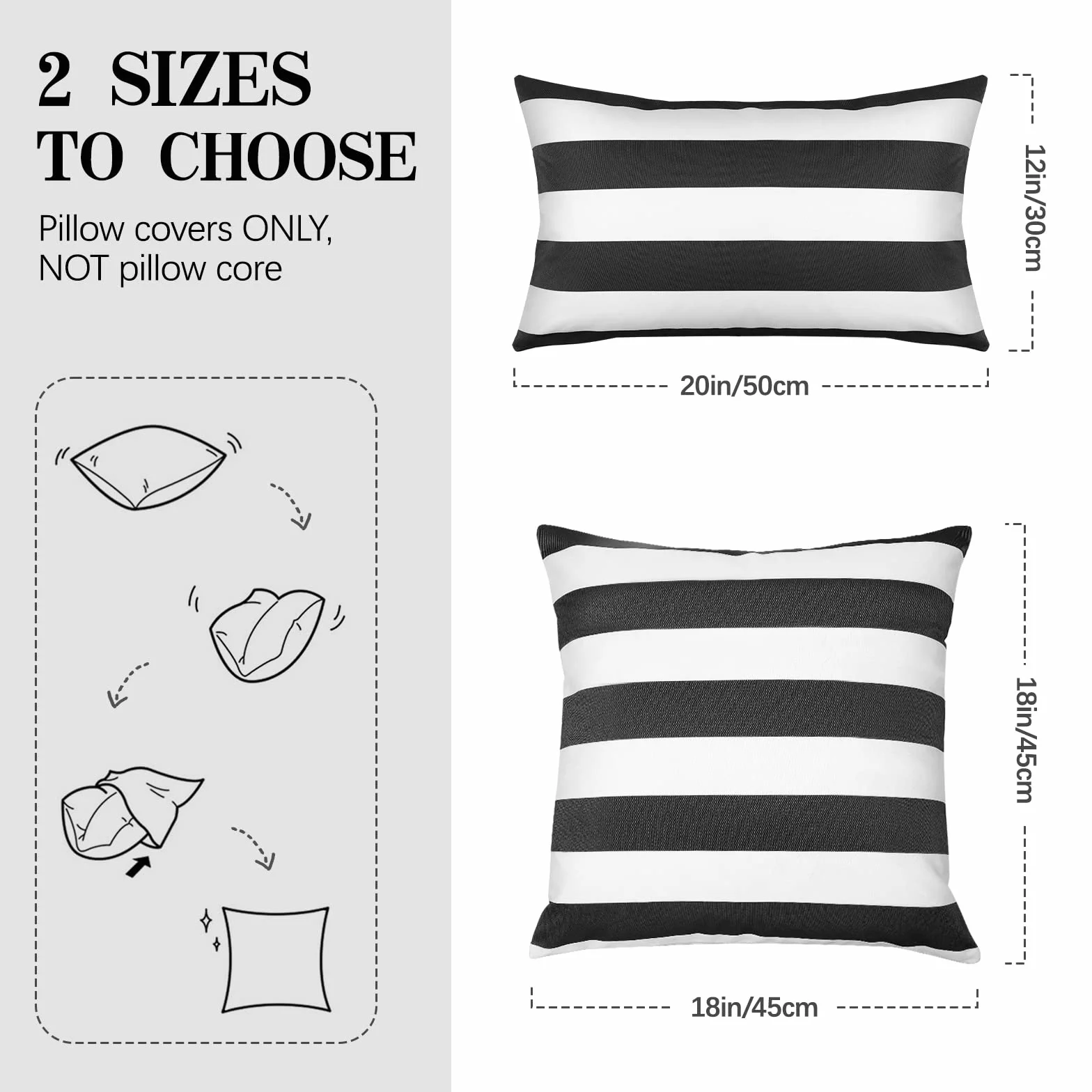 Funda de Almohada Impermeable Exterior 30x50cm, 2PCS Cojín Rectangular a Rayas, Negro Gris & Blanco