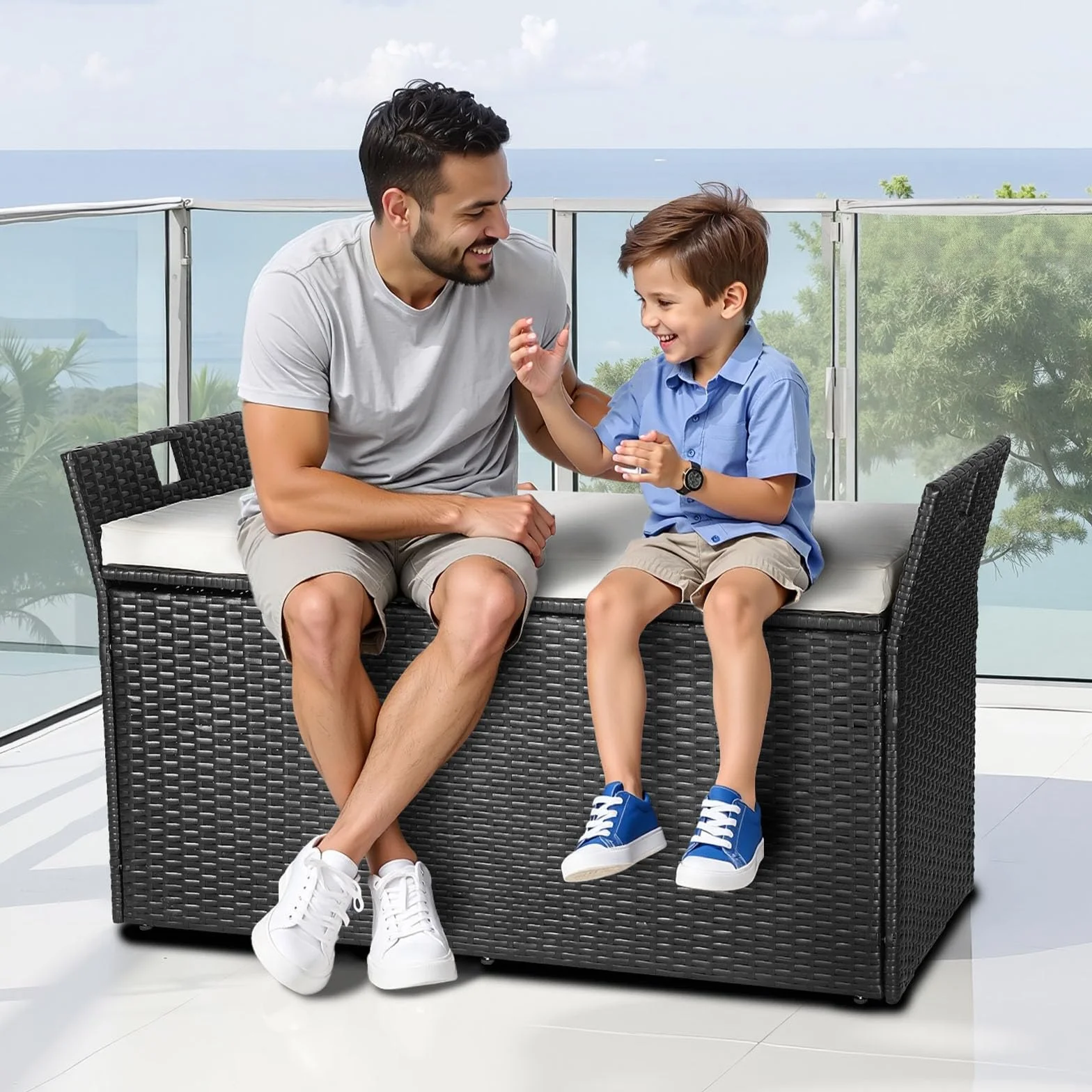 VEVOR Baúl de Almacenamiento de Ratán Sintético 125x55x70 cm con Cojín para Exterior, Jardín