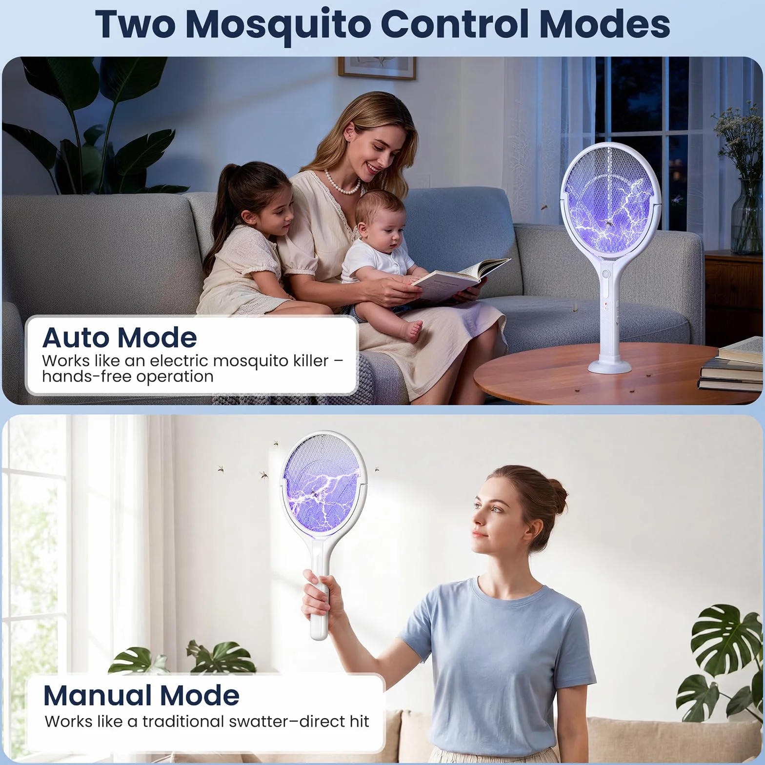 Raqueta Mosquitos Eléctrica 4000V 1800mAh Matamoscas Recargable 2 en 1 LED Antimosquitos