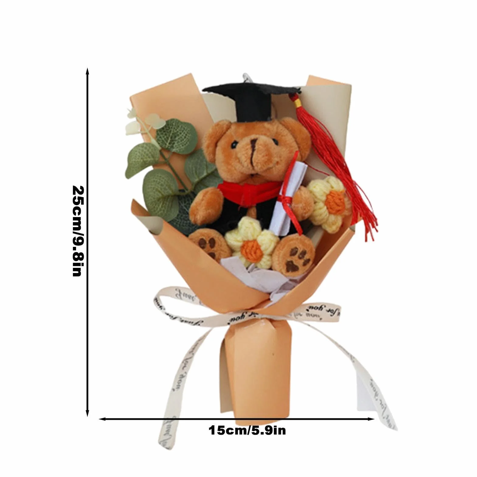 Ramo de Flores de Oso de Graduación, Flores de Ganchillo Hecho a Mano con Oso de Peluche