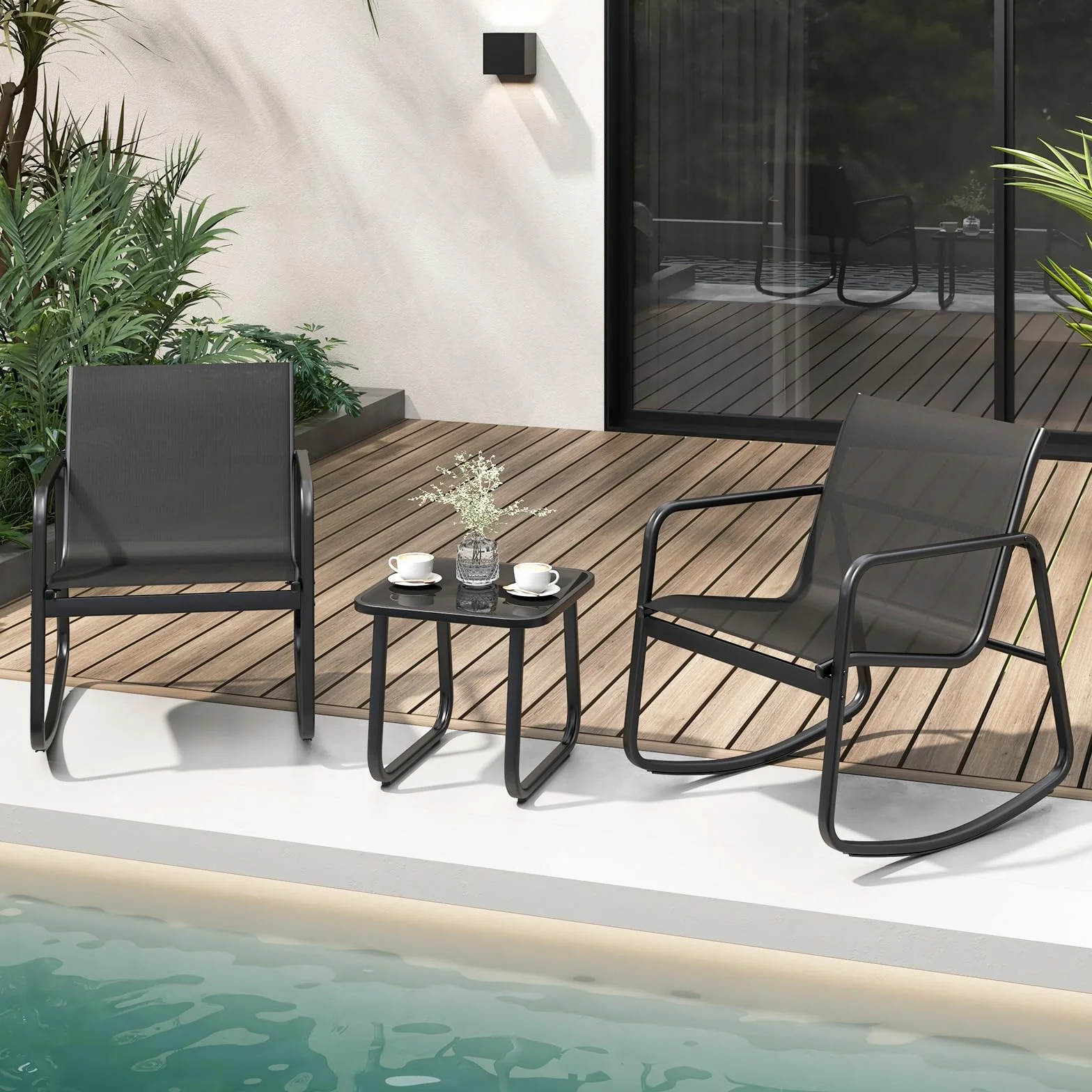 KOMFOTTEU Juego de Muebles de Jardín de 3 Piezas, Sillas Mecedoras de Textileno y Mesa de Cristal