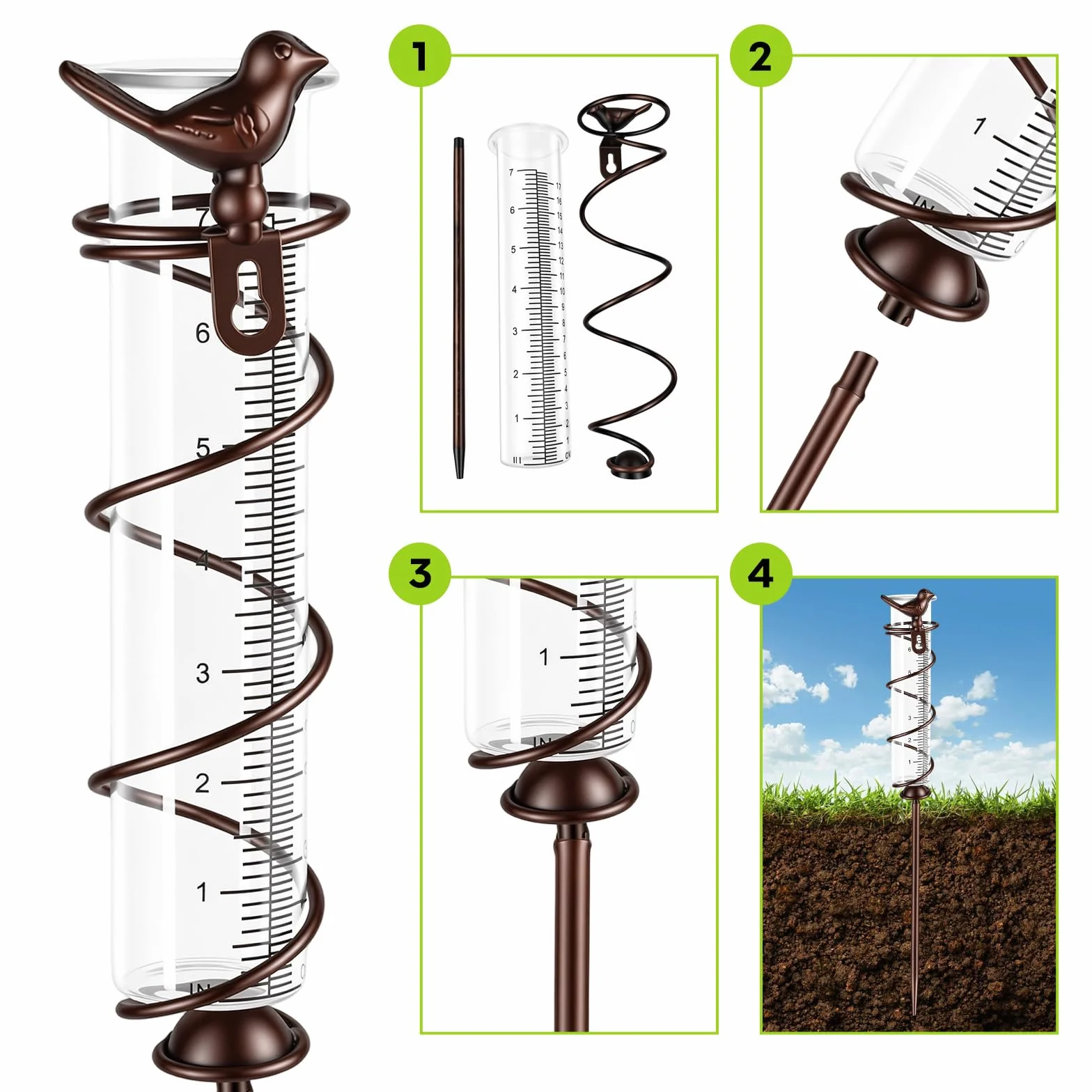 Pluviómetro de Vidrio Resistente a Heladas con Espiga Metálica para Exterior Jardín