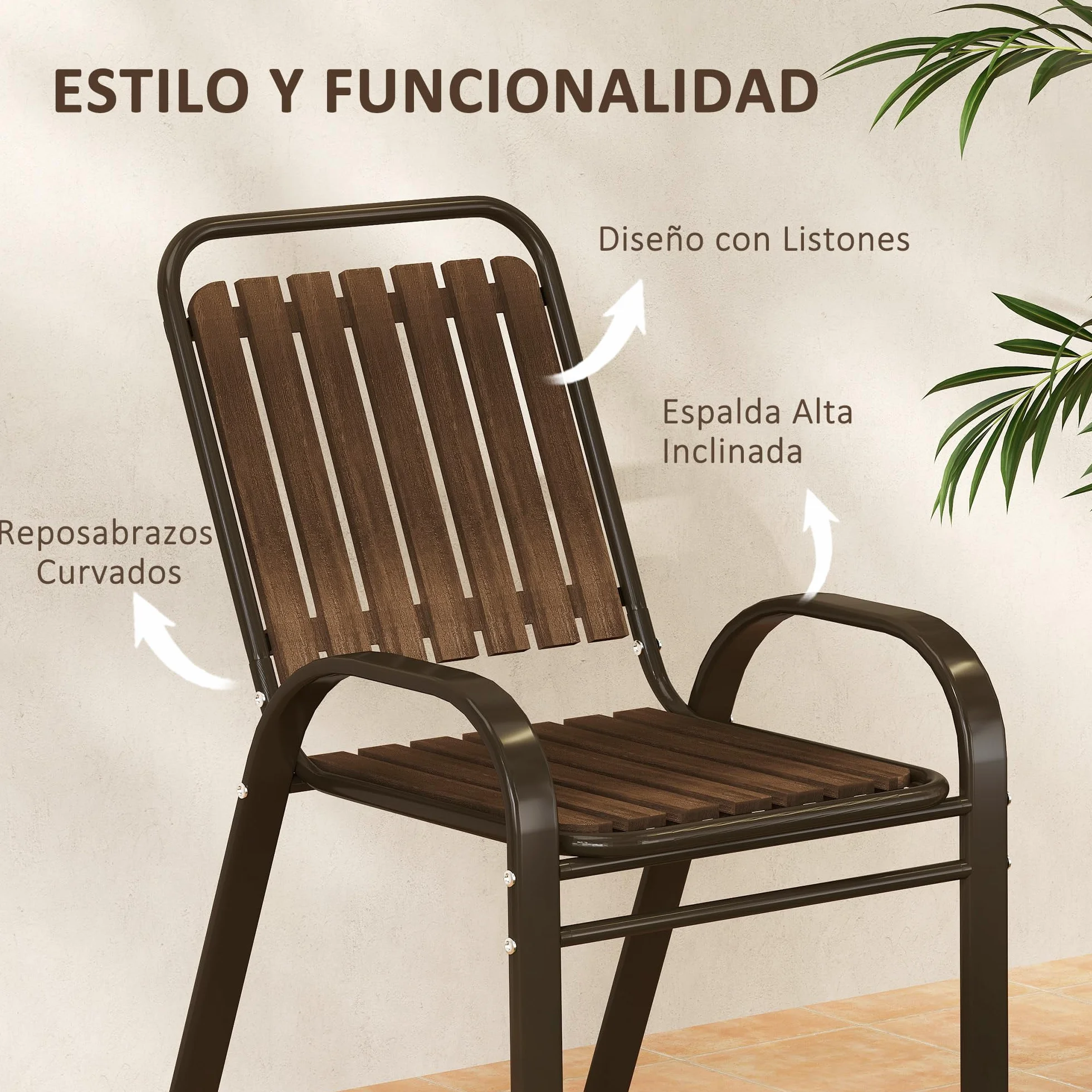 Outsunny Conjunto Jardín 3 Piezas Muebles Jardín Sillas Apilables Mesa Vidrio Templado Acero Terraza Patio Marrón Oscuro