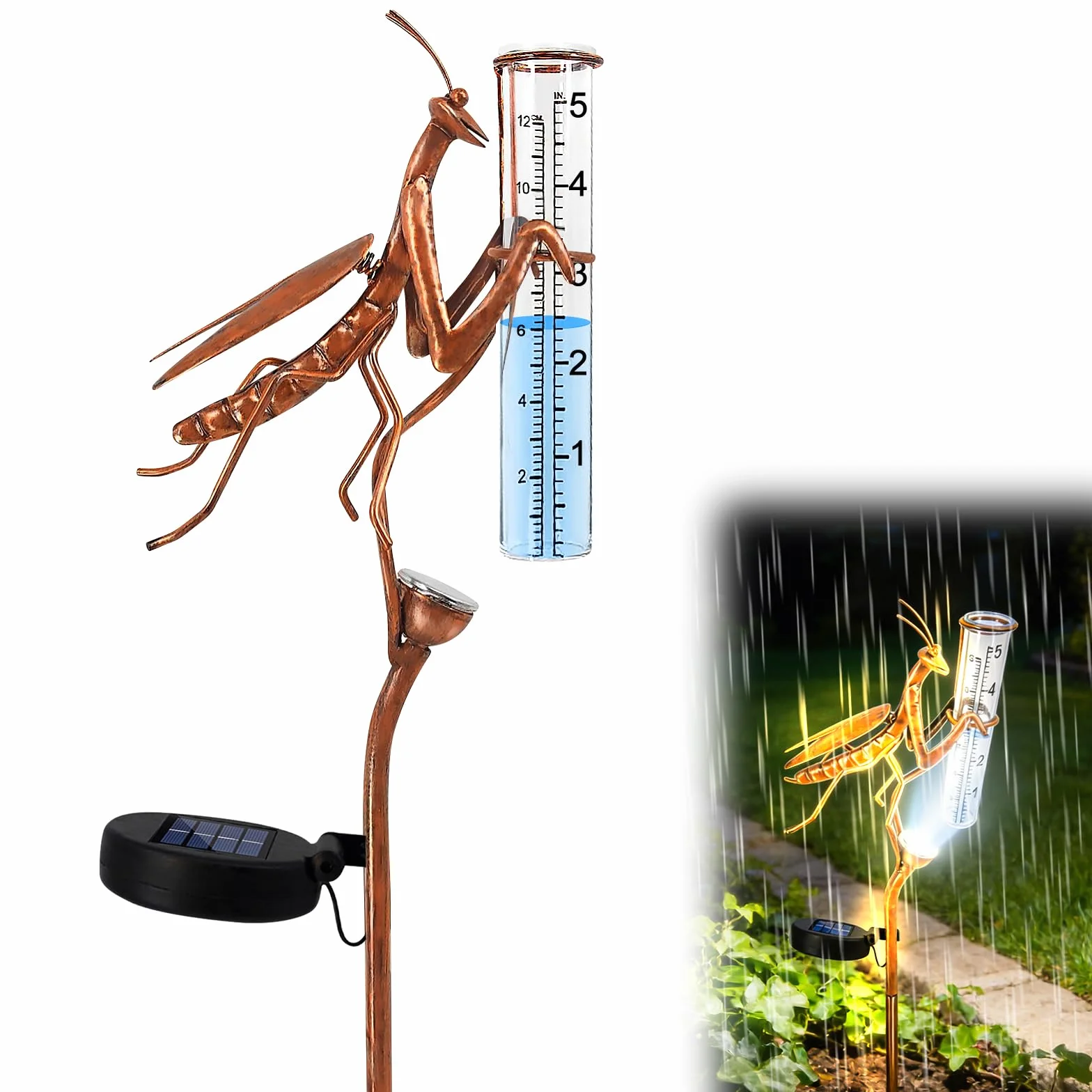 PORFOYO Pluviómetro de jardín resistente a las heladas IP55 varilla 61 cm lámpara solar decorativa