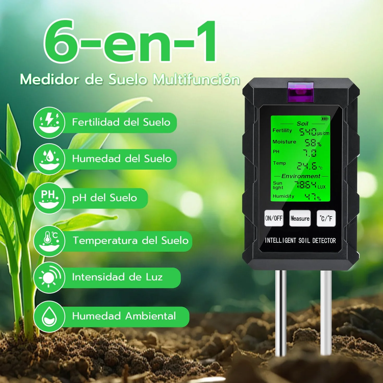 Wigearss Medidor de Suelo 6 en 1, Medidor de Fertilidad del Suelo/Luz Solar/Humedad Ambiental/pH/Temperatura con Pantalla LCD