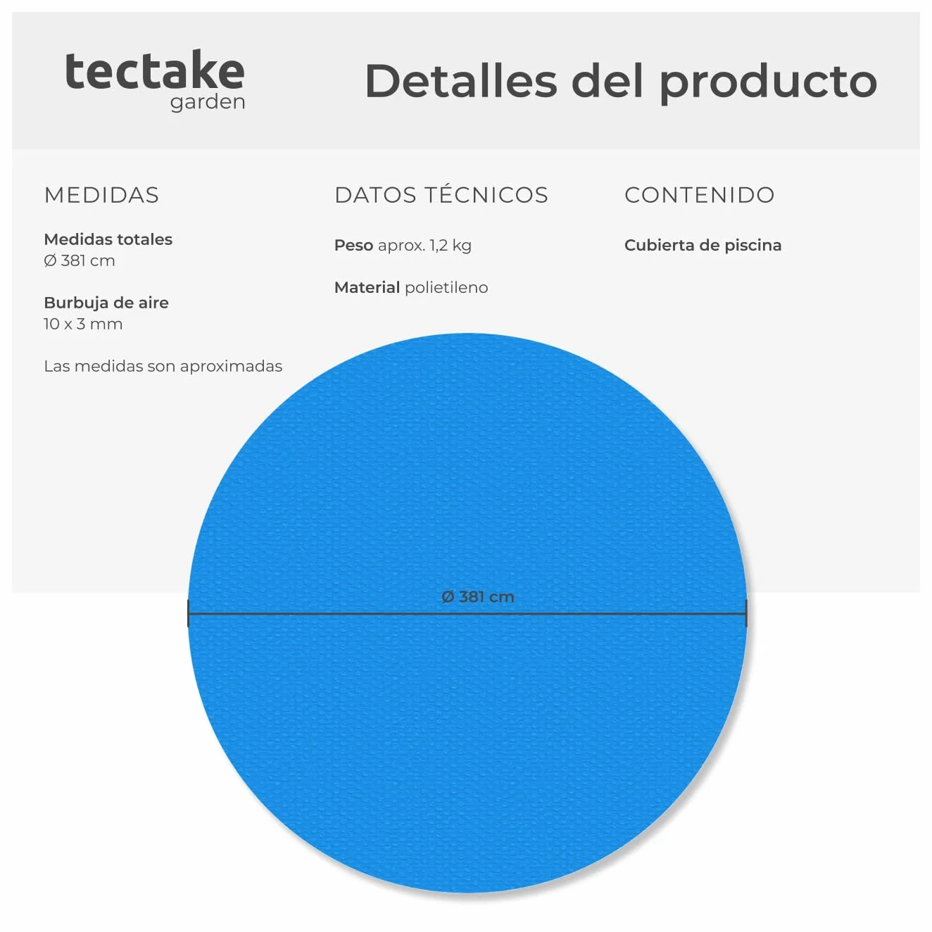 Tectake Manta Solar Piscina Redonda 381x381 cm Azul 110 µm Calentar Agua