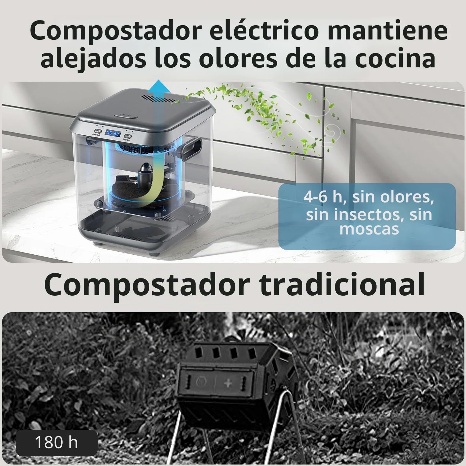 Compostador eléctrico para cocina: contenedor de abono inteligente, sin olor, limpieza automática, pantalla LED, contenedor de compostaje automático