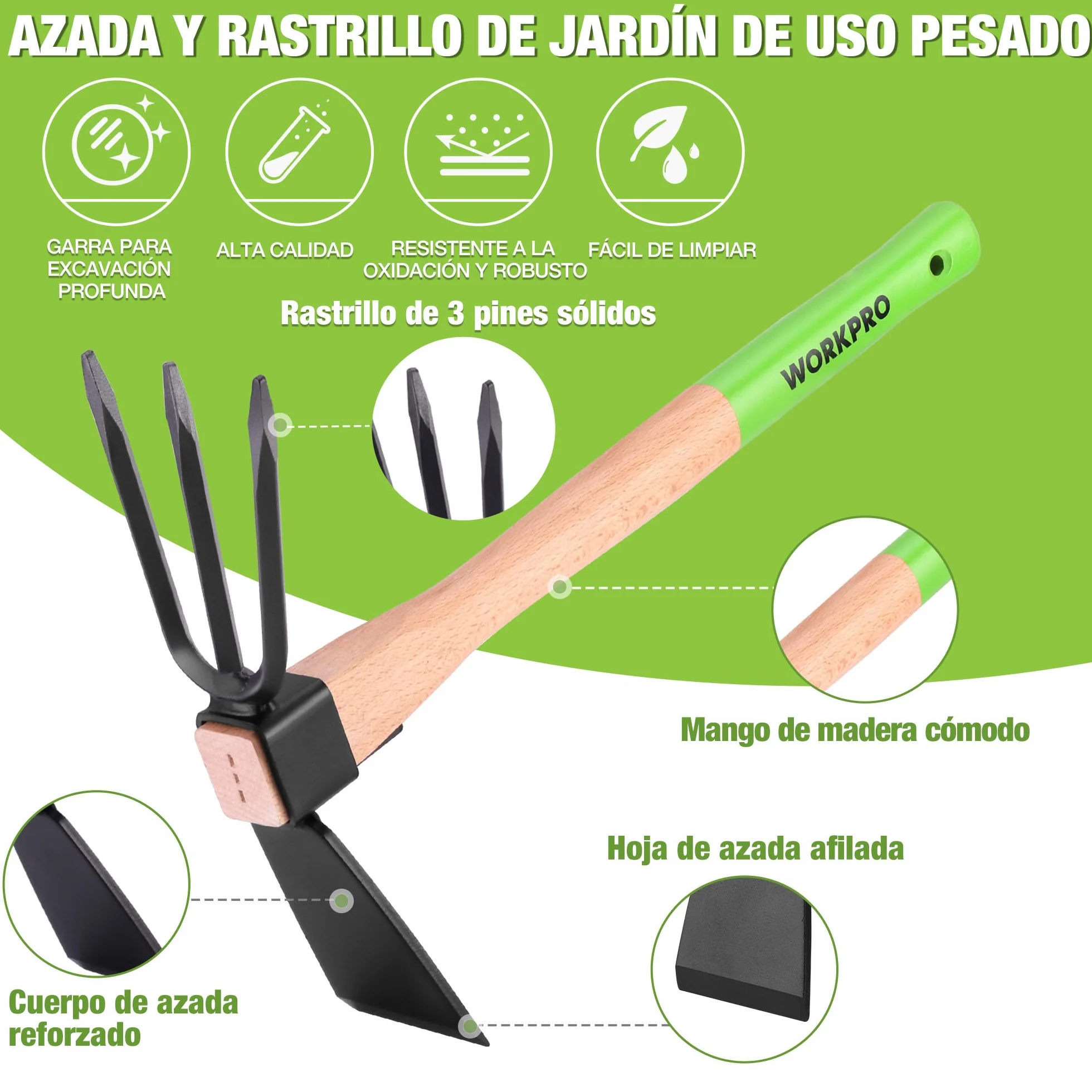 WORKPRO Azada Doble Jardín 2 en 1 Acero Cultivador 3 Dientes Mango Madera 36 cm Jardinería