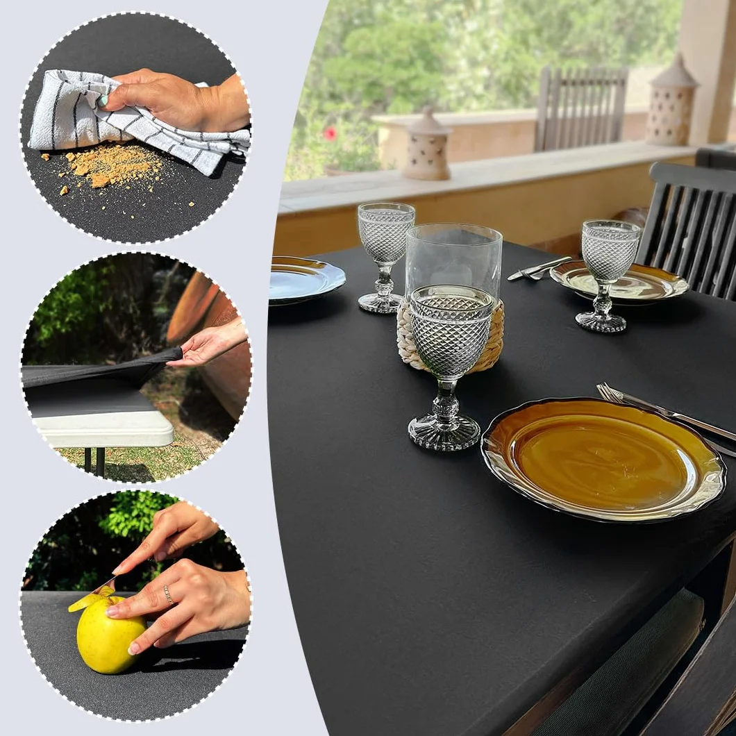 Mantel Exterior Impermeable 182x76 TPU Antimanchas Mesa Rectangular Ajustable Elástico Negro Spandex Camping