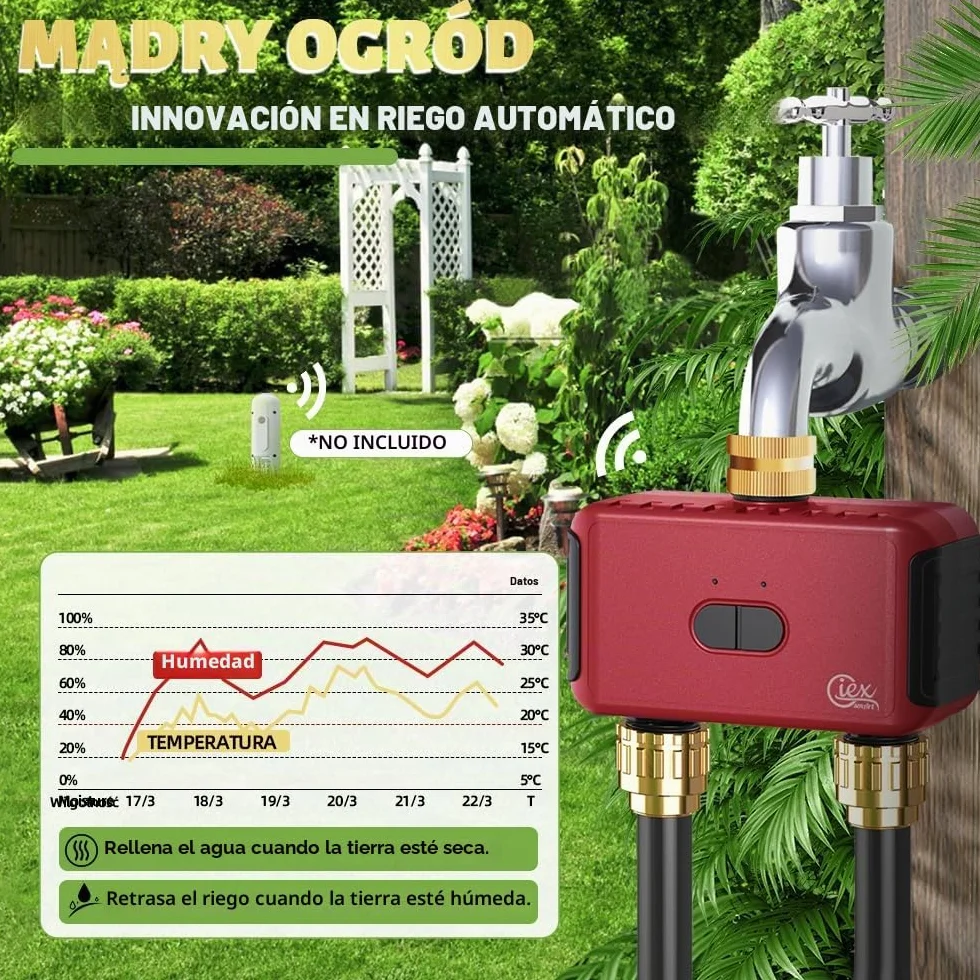 GIEX Temporizador de Riego WiFi 2 Zonas, Controlador Inteligente para Manguera de Jardín, Compatible con Tuya y Smart Life