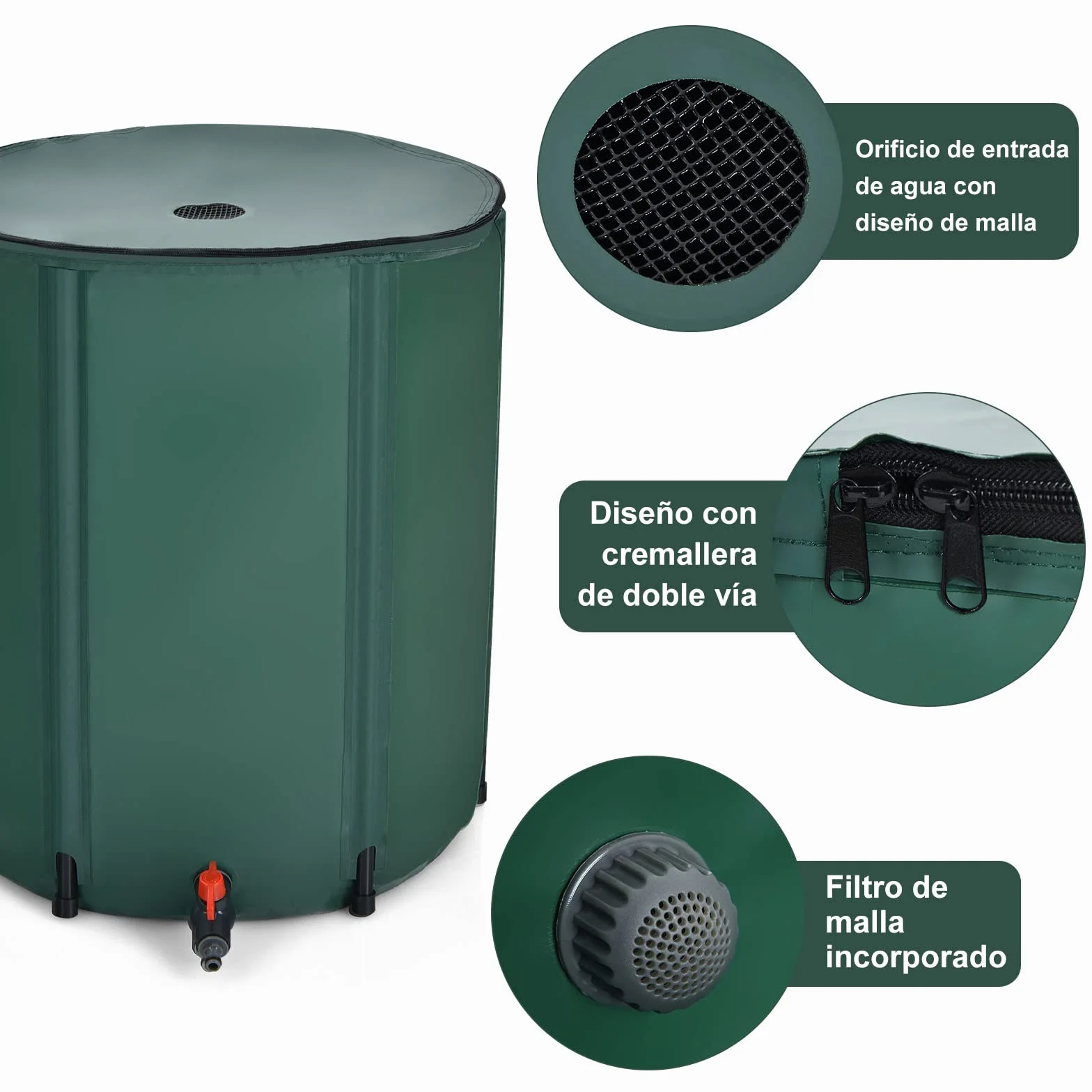 COSTWAY Barril Plegable 225 L Agua Lluvia Contenedor Agua Recogida Portátil con Filtro Válvula Desborde Red Cisterna Jardín