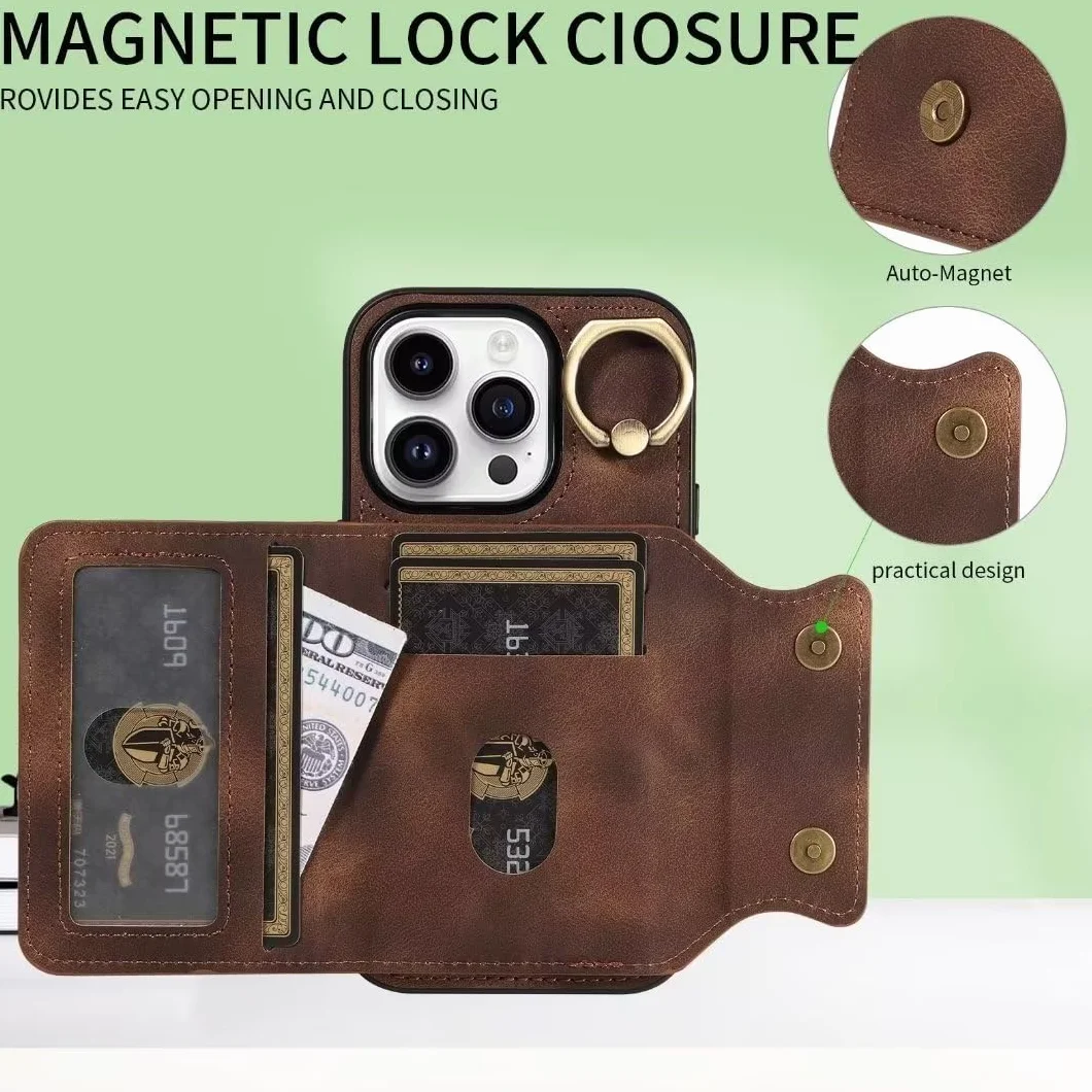 Funda para iPhone 13 con anillo, piel sintética, cartera con ranuras para tarjetas, soporte magnético, protección completa