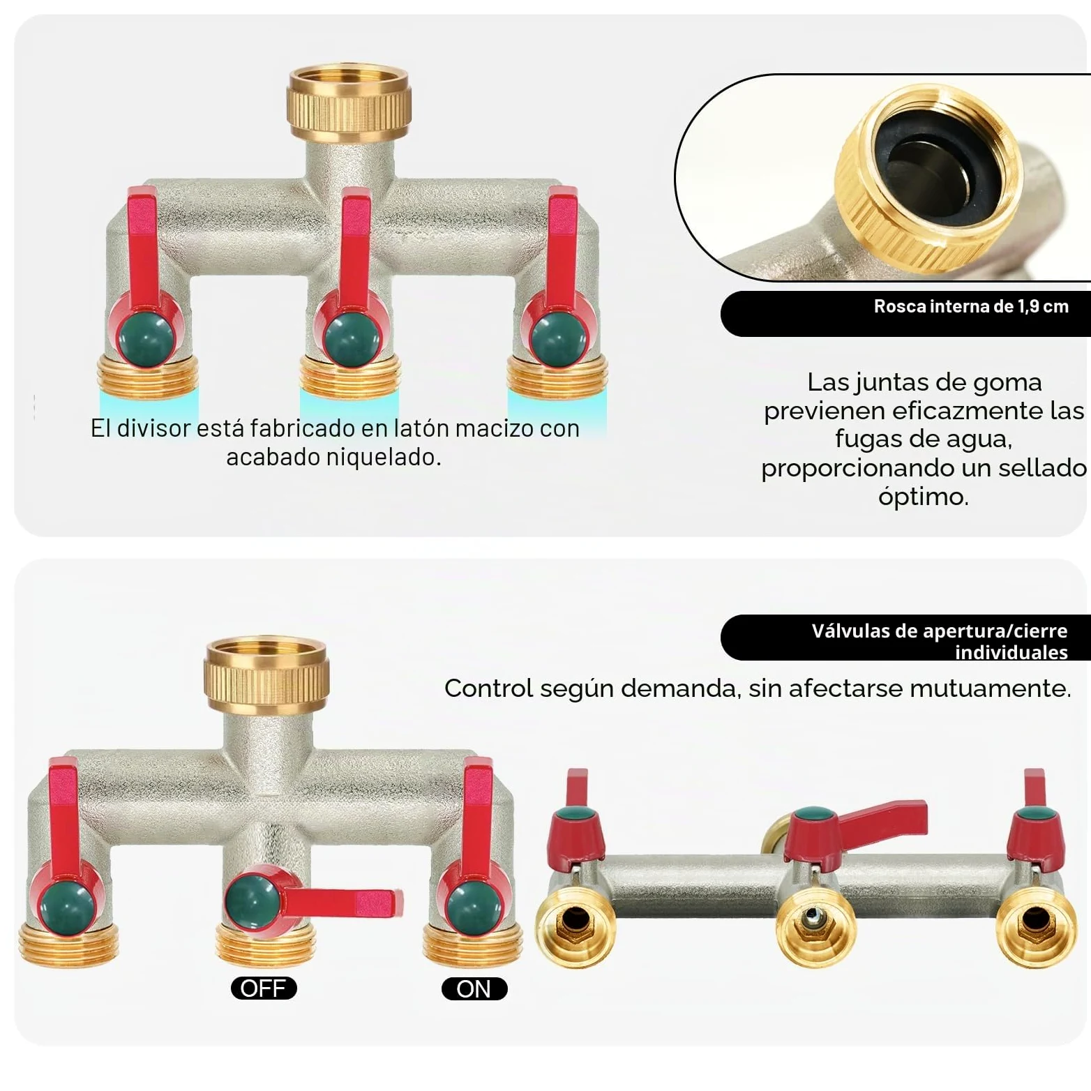 Divisor de Manguera de jardín de latón, Divisor de Grifo de 1/2 Pulgada y 3/4 Pulgada, Conector de Grifo de 3 vías con válvulas de Encendido/Apagado y Mango extendido, Adaptador de Grifo