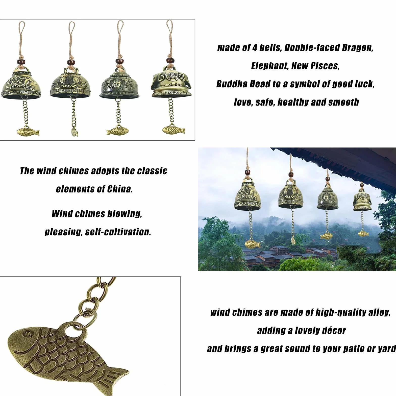 Campanillas De Viento De La Suerte Feng Shui, 4 Piezas Campanas Chinas Clásicas para Decoración Colgante