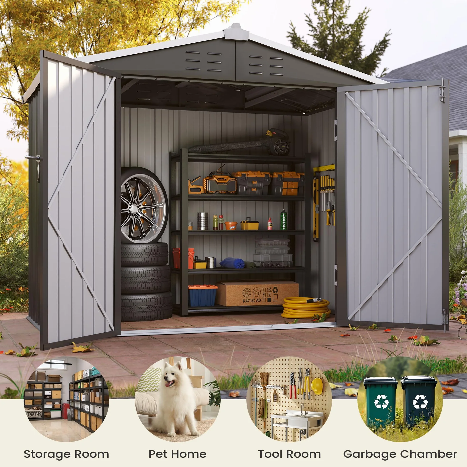 Amopatio Caseta de Jardín Exterior 196x131x185 cm Cobertizo de Metal Puerta Corredera Cerradura Almacenamiento Herramientas