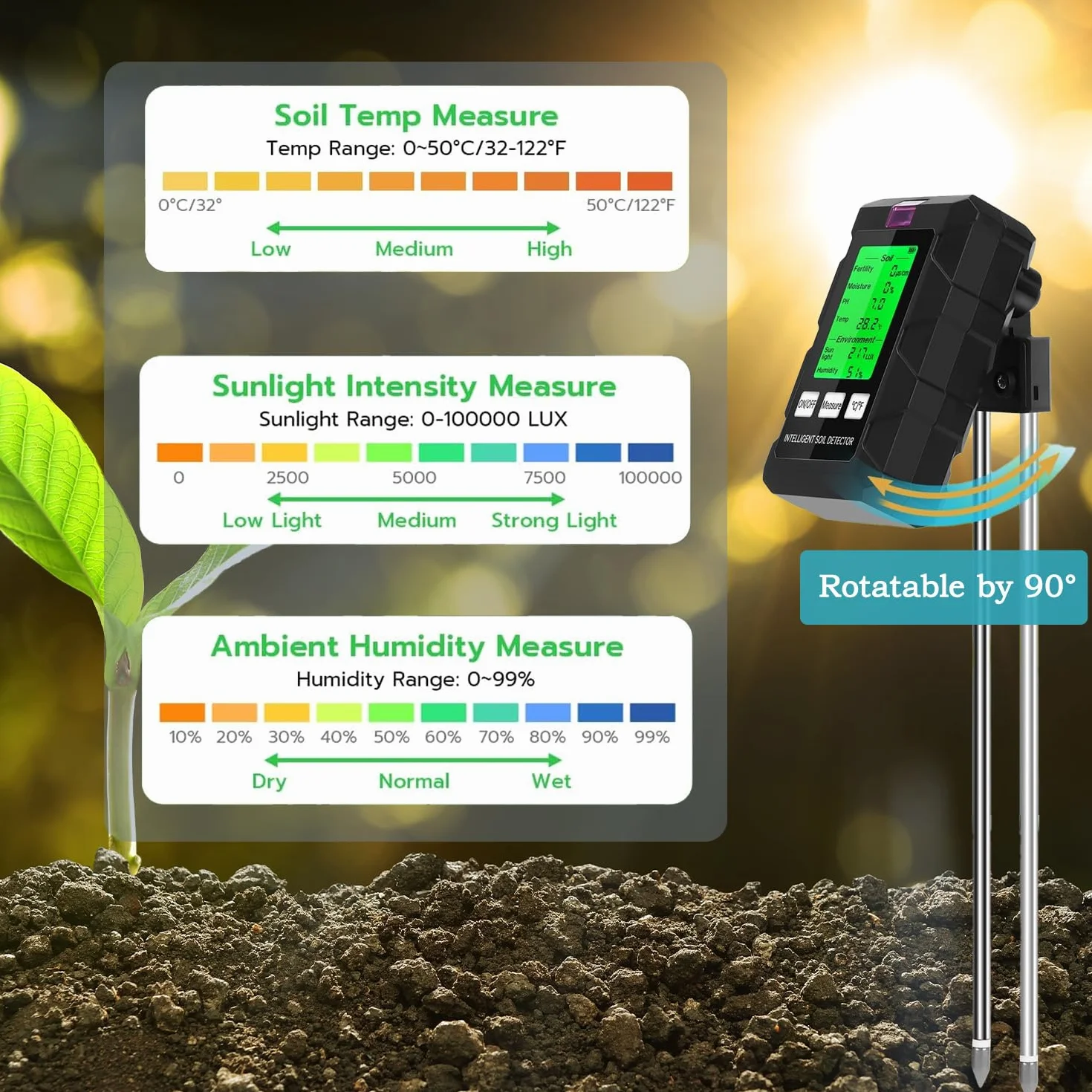 Medidor de Suelo 6 en 1 pH Humedad Temperatura Luz Solar Doble Sonda Pantalla LCD
