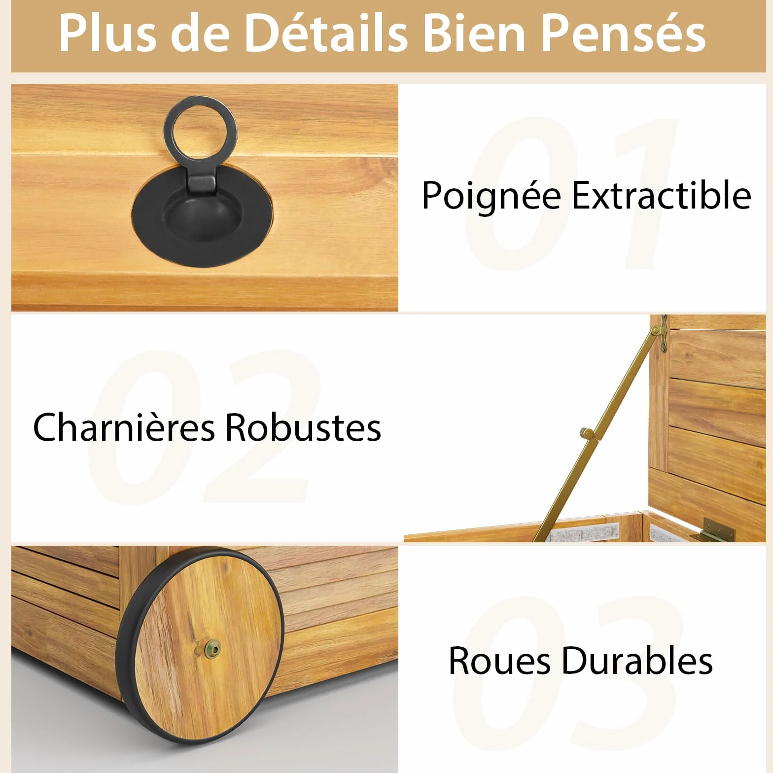 GOPLUS Caja de almacenamiento exterior 182L rodante madera de acacia con ruedas asa lateral impermeable