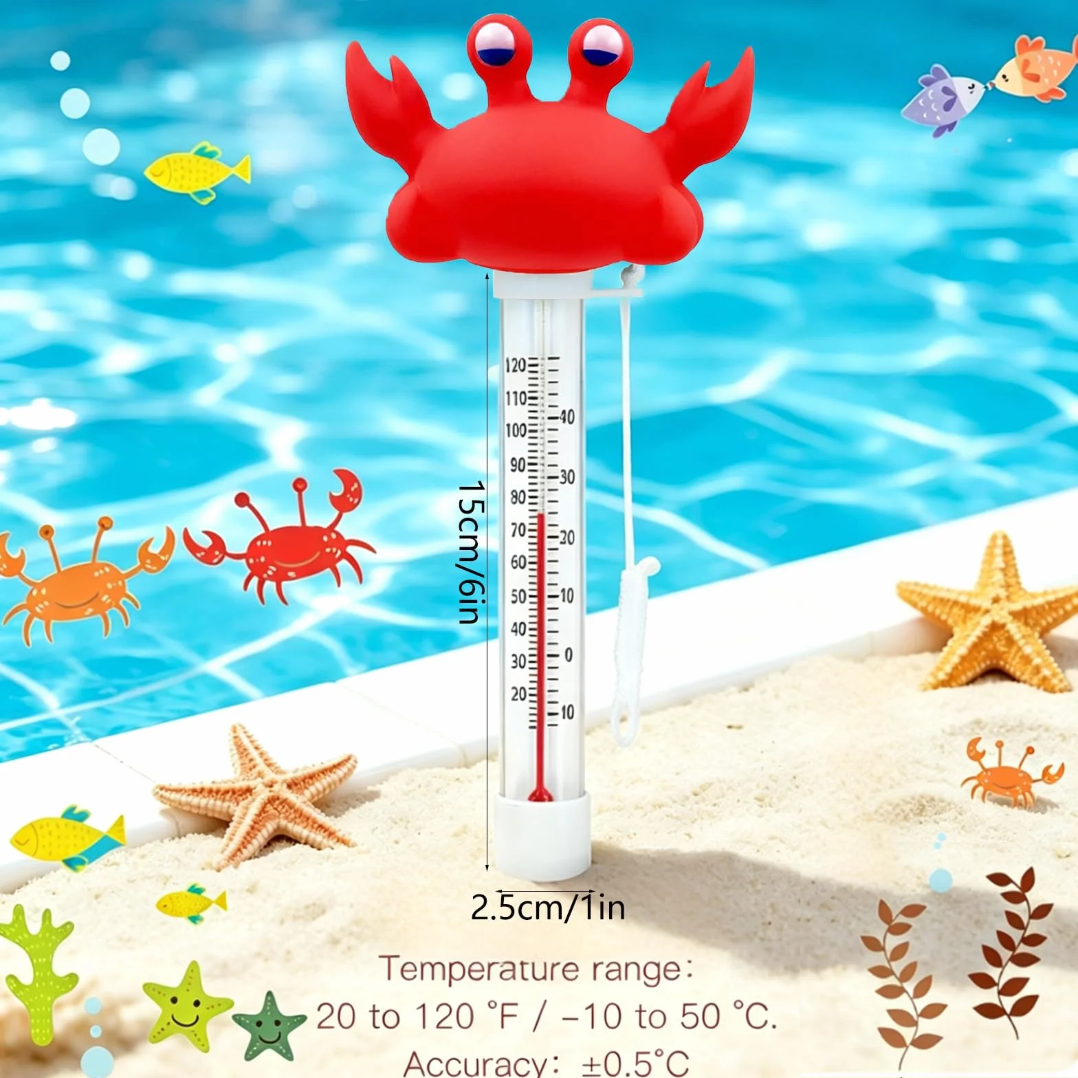 Termómetro de agua flotante para piscina, diseño de dibujos animados, resistente a roturas con cuerda, Cangrejo