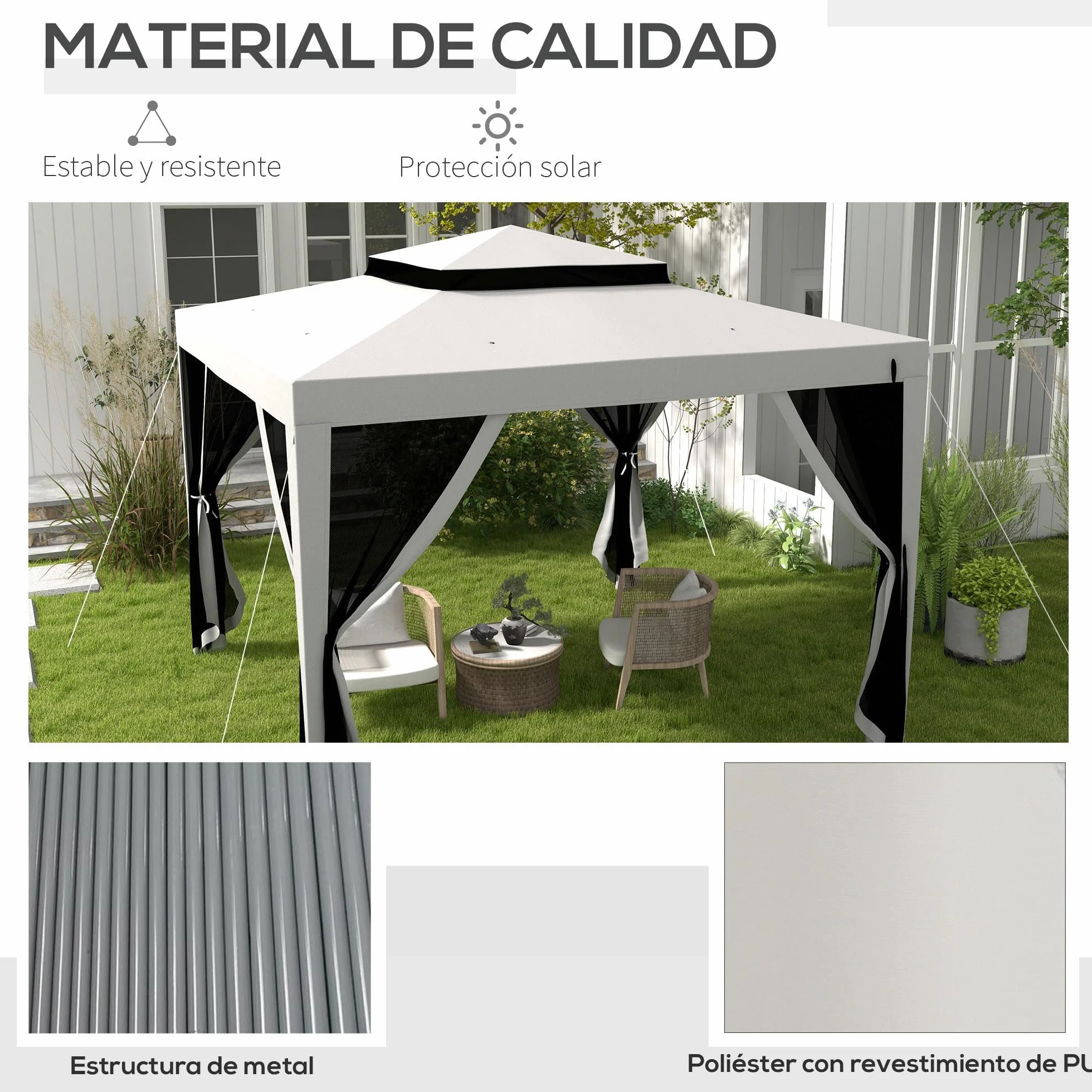 Outsunny Carpa de Jardín 3x3 m Cenador Desmontable de Exterior Gazebo con 4 Mosquiteras Laterales Techo Doble y Marco Metálico Anti-UV Impermeable Pabellón para Terraza Patio Gris