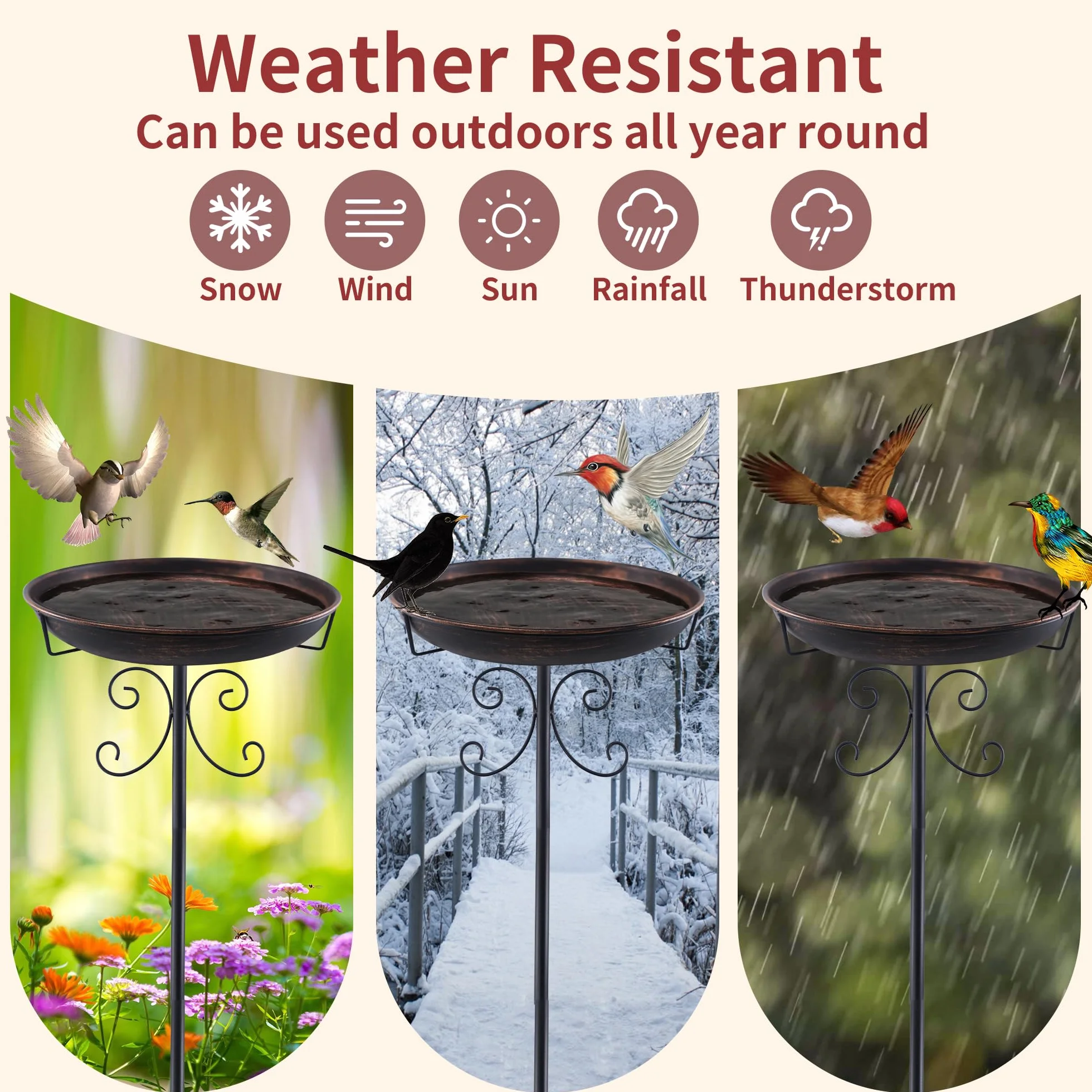 Bebedero para pájaros de pie, Comedero Pajaros Exterior con Pie, Baño de Pájaros Metal Regulable en Altura, Decoración Jardín Resistente Invierno