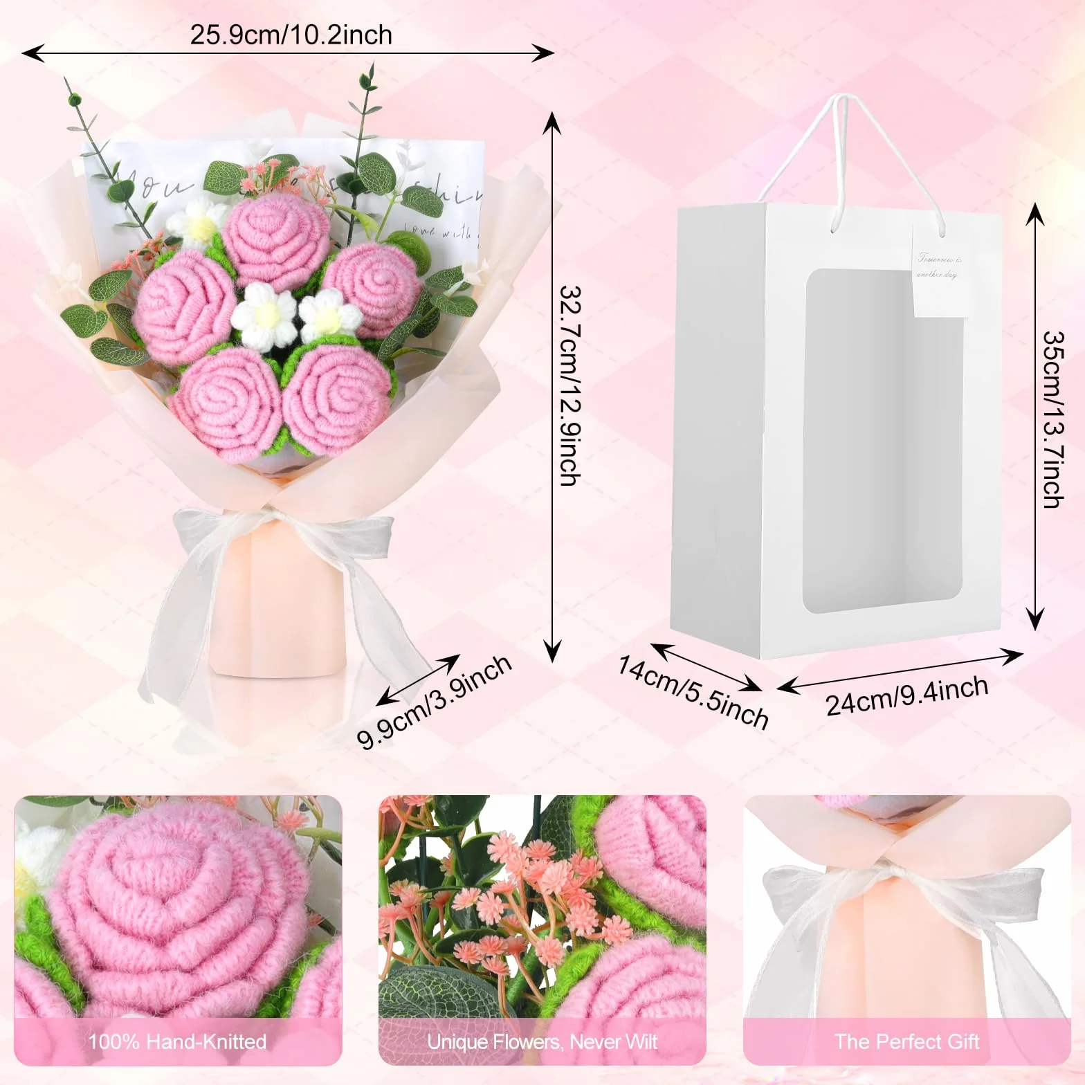 Ramo de Flores de Ganchillo Hecho a Mano con Bolsa de Regalo para Mujer, Bodas, Día de la Madre (Rosa blanco)