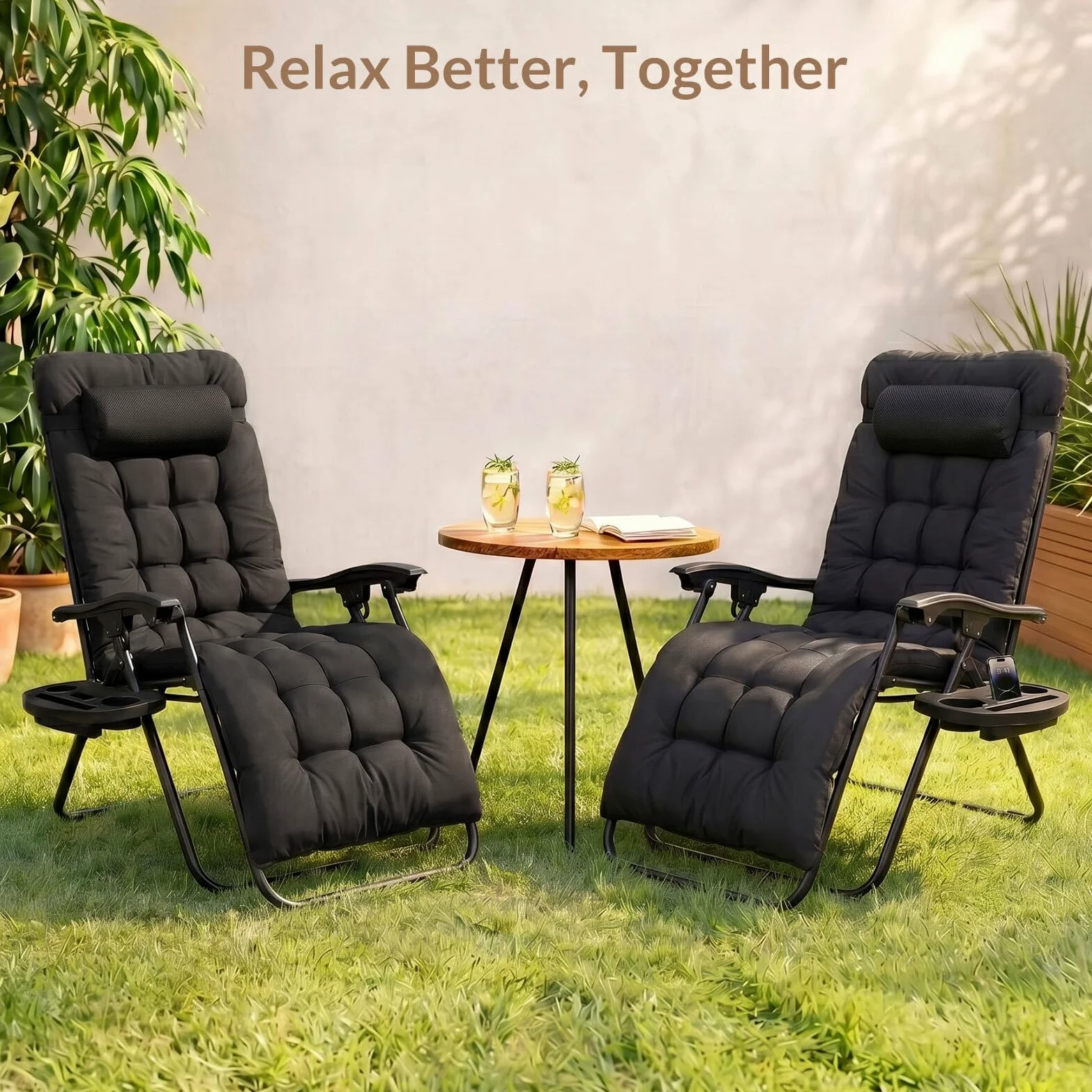 Todeco Tumbona Plegable Jardín con Cojín Extraíble, 2 en 1 Silla Gravedad Cero Reclinable con Portavasos Respaldo Ajustable para Patio, Camping, Terraza y Piscina, Juego de 2 Negro | Cojín Extraíble, Portavasos Respaldo Ajustable, para Patio, Camping, Ter
