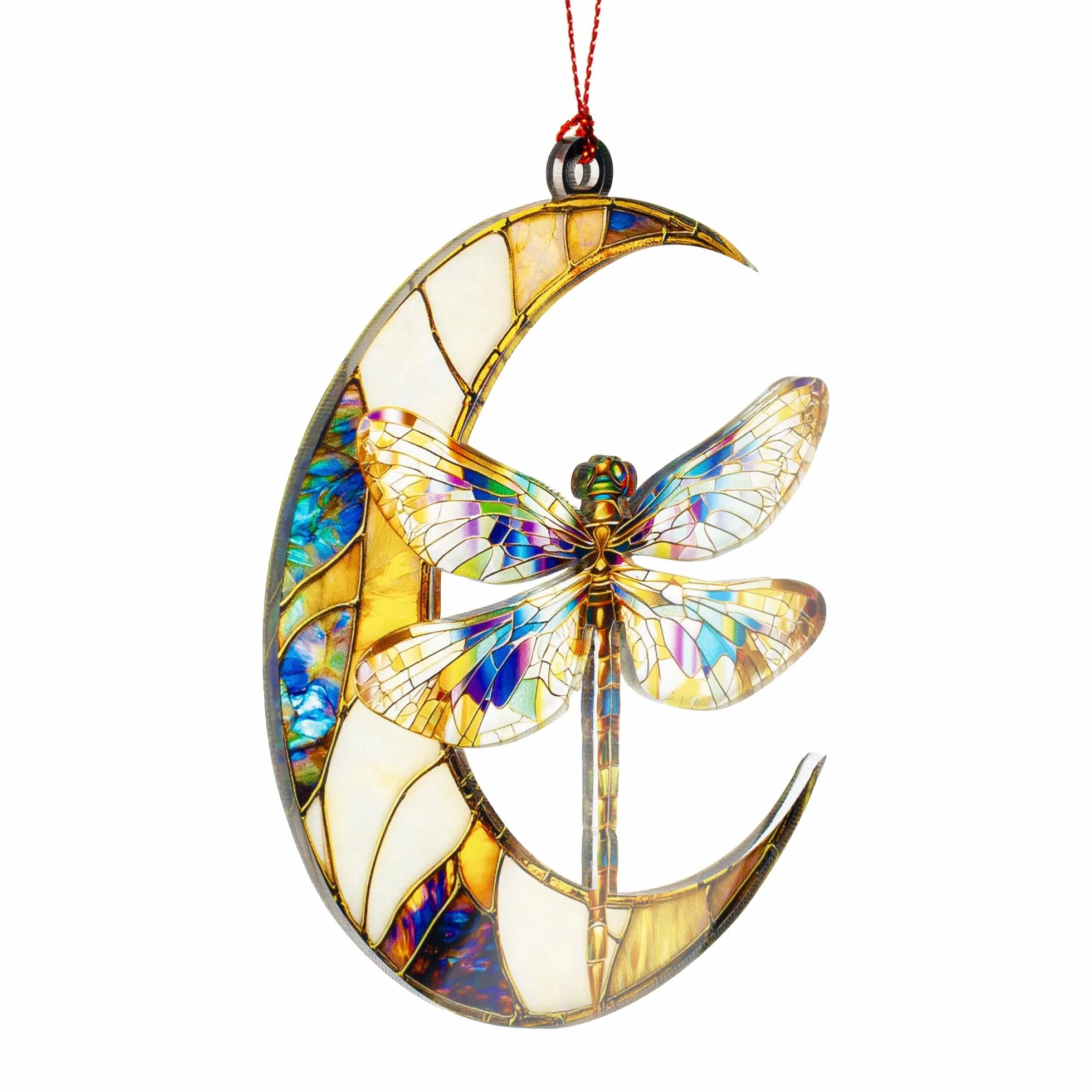 Atrapasoles de Cristal con Libélula y Luna, Colgante Decorativo para Ventanas y Hogar