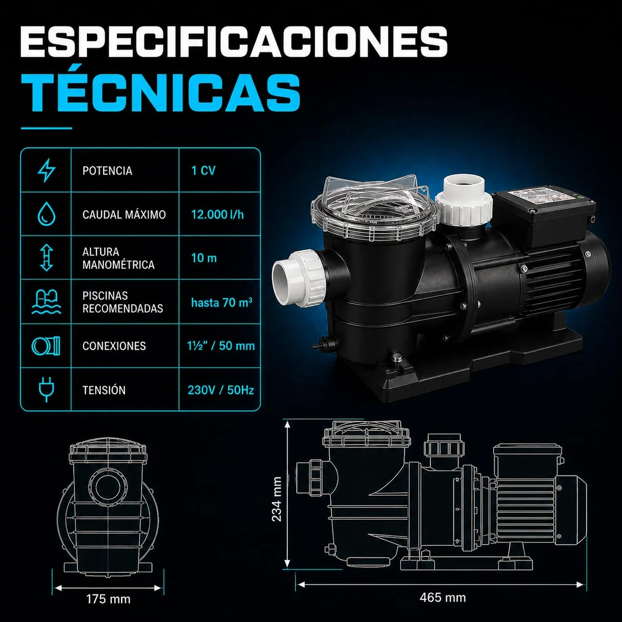 Bomba para Piscina 16500 L/h 1 CV 750 W Filtración con Cesta Extraíble