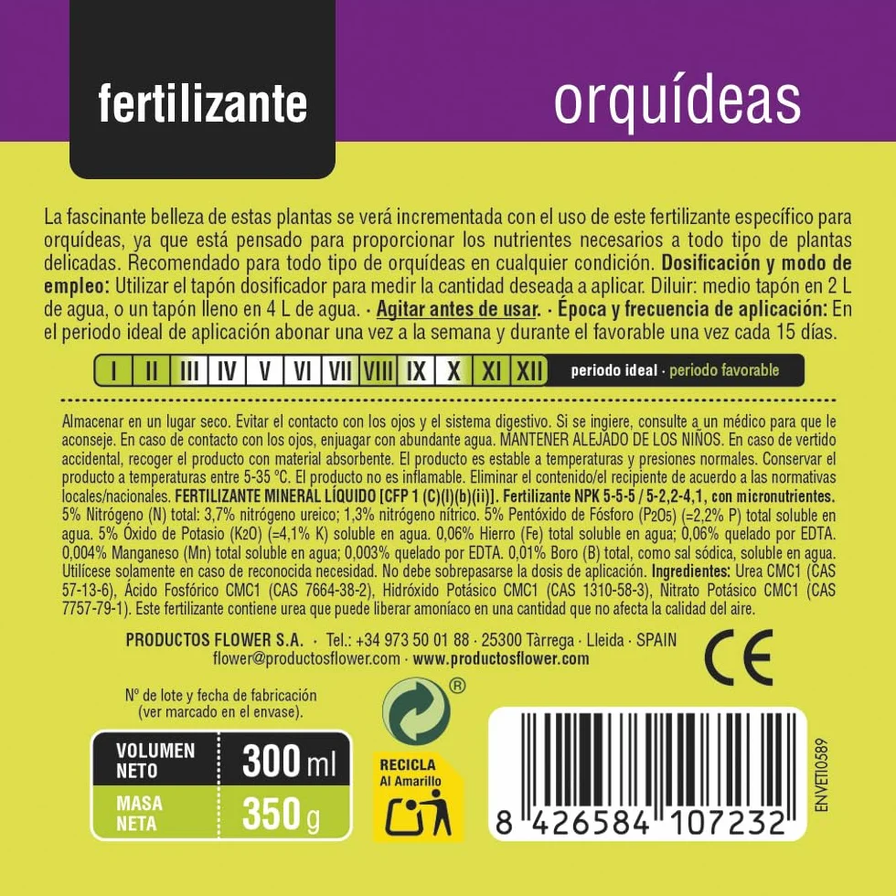 Abono Líquido Orquídeas 300 ml Fertilizante NPK 5-5-5 Micronutrientes Vitamina K3 Crecimiento Floración