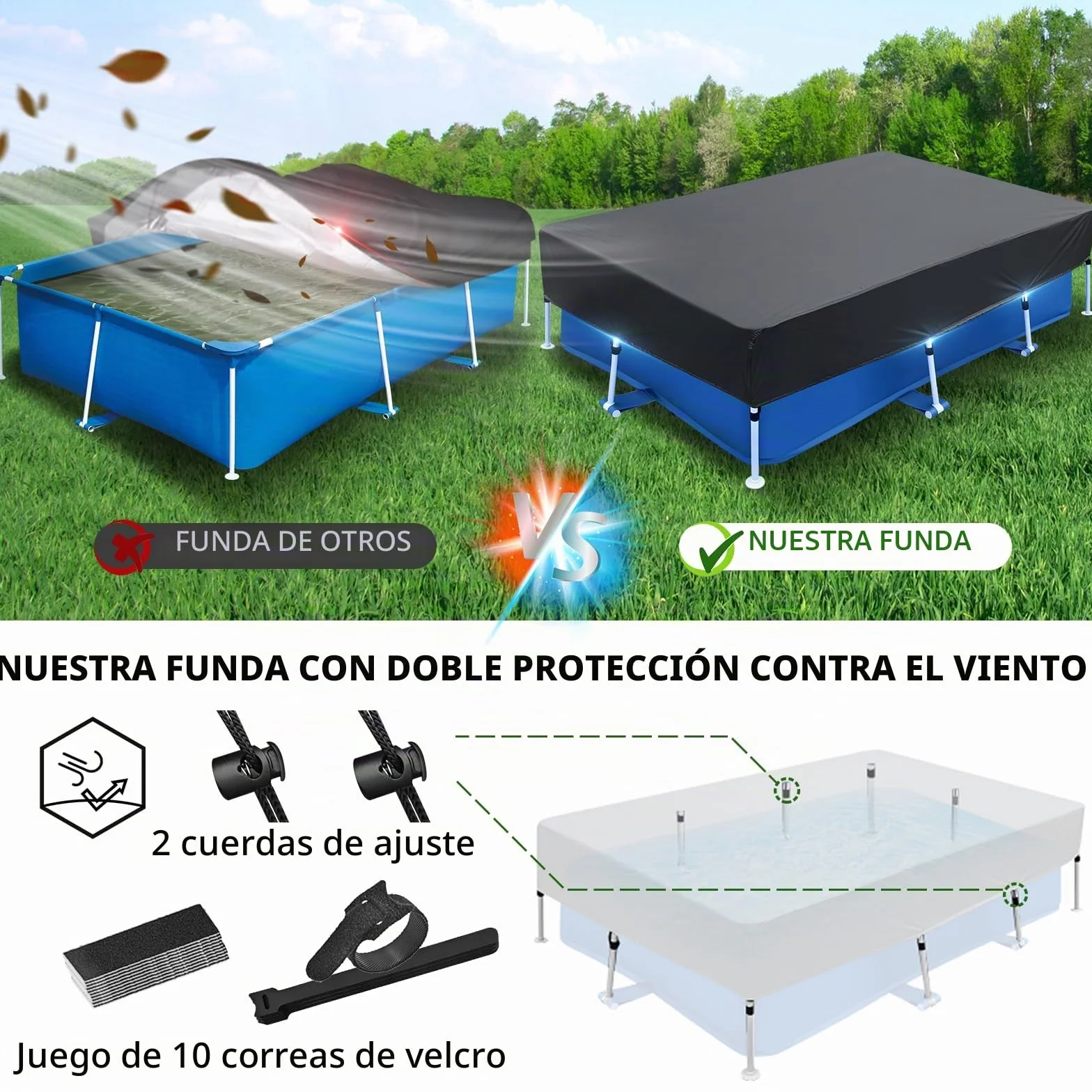 Cubierta para piscina rectangular 220 x 150 cm lona solar verano invierno