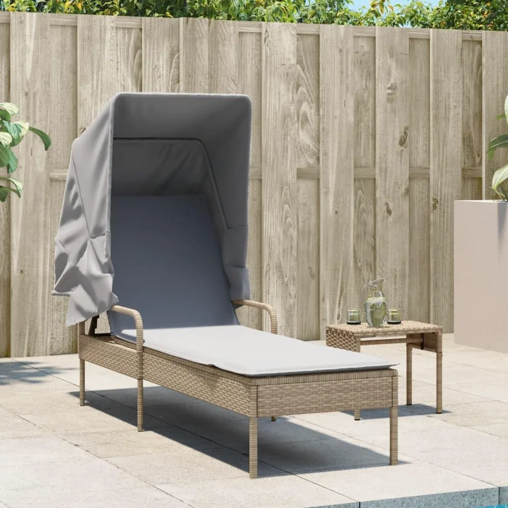 Tumbona con techo, color beige poli ratán 62 x 200 x 130 cm, respaldo ajustable, resistente a los rayos UV, incluye almohada, para jardín, terraza, piscina, silla de salón de gravedad cero al