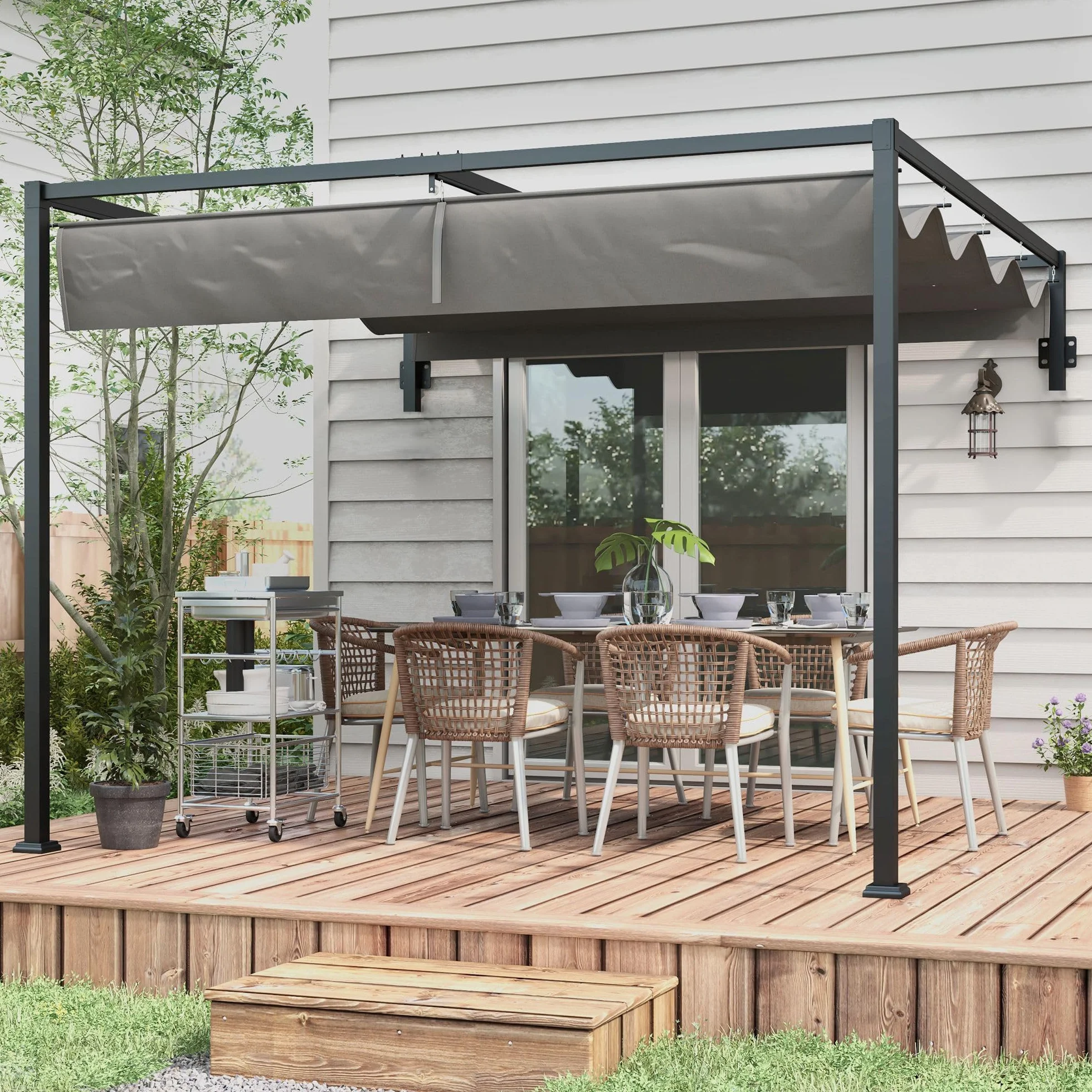 Outsunny Pérgola cenador de 3 x 4 m con Techo retráctil y Orificios de Drenaje, pérgola de jardín de Acero y poliéster con piquetas y Tornillos, Gris Oscuro