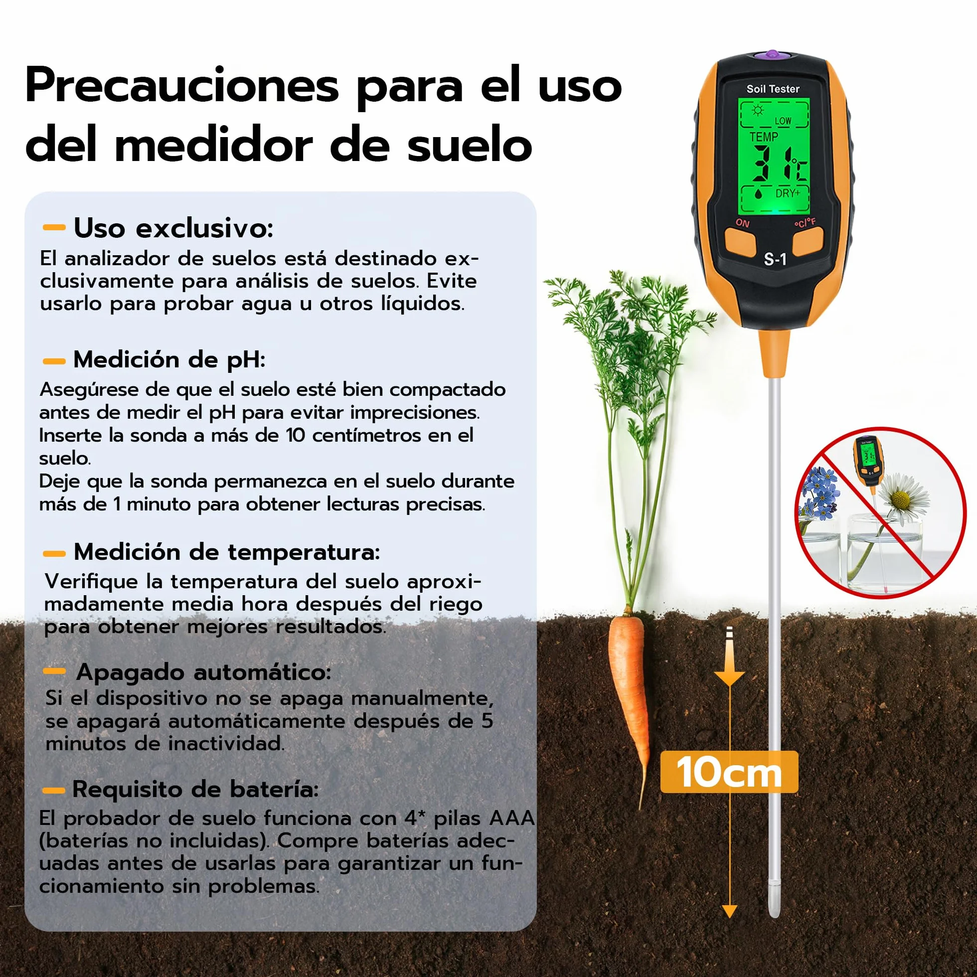 Medidor de Humedad Suelo 4 en 1, Termómetro Digital para Plantas con Pantalla LCD, Medidor de pH y Luz Solar para Jardinería