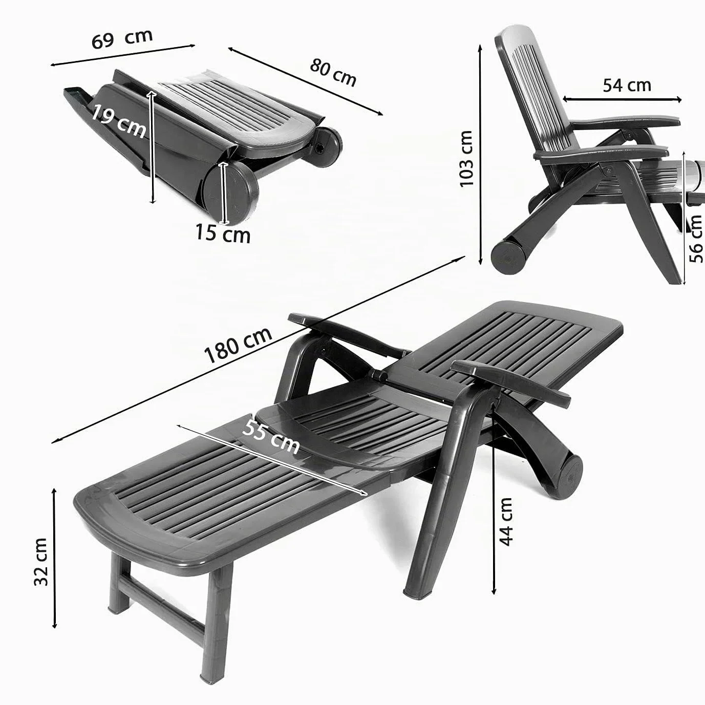 CREVICOSTA QUALITY MARK MARCAS DE CALIDAD - CANCÚN - Tumbona de Resina Plegable y reclinable. 72 x 60 x 190 cm (Antracita)