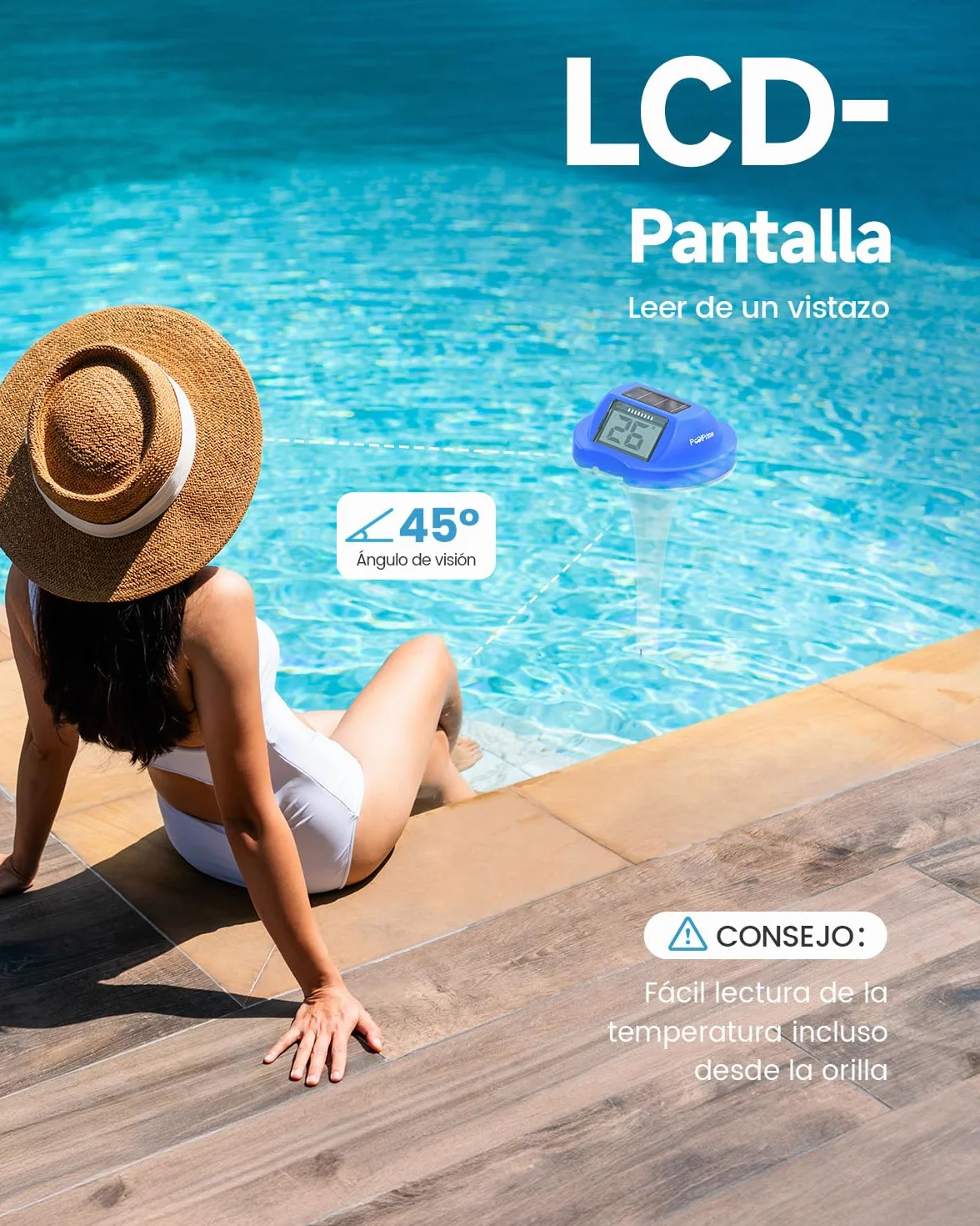Termómetro Piscina Flotante Doble Pantalla Digital IPX7 para Bañeras de Hidromasaje y Piscinas