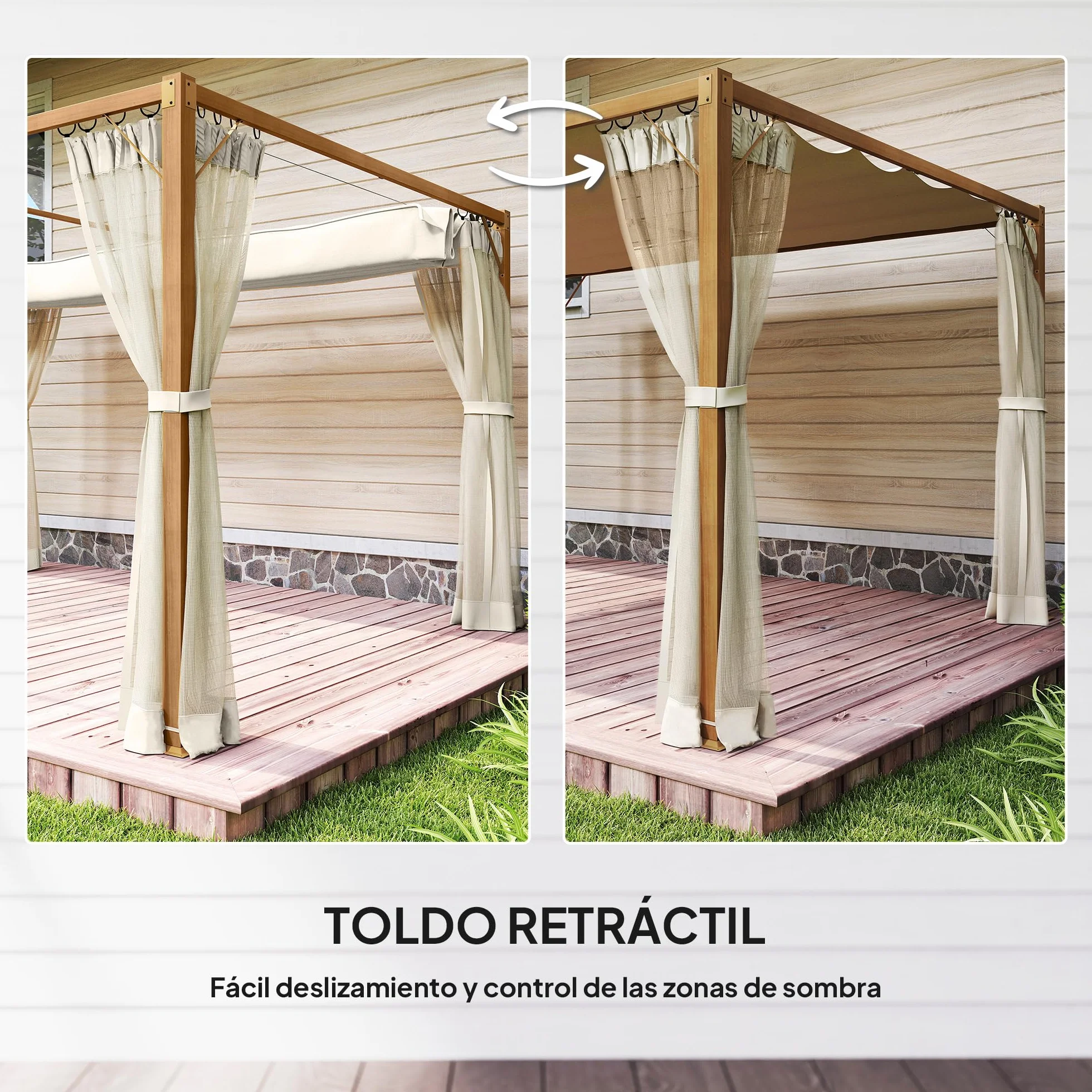 Outsunny Pérgola de Jardín 3x4 m con Techo Retráctil y 4 Paredes Laterales de Malla, Cenador de Jardín con Estructura de Aluminio, UPF30+, Pabellón para Exterior, Patio, Terraza, Natural