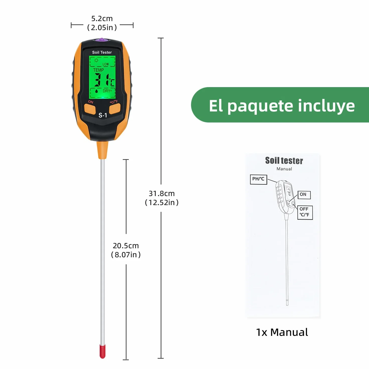 Medidor de Humedad Suelo 4 en 1, Termómetro Digital para Plantas con Pantalla LCD, Medidor de pH y Luz Solar para Jardinería