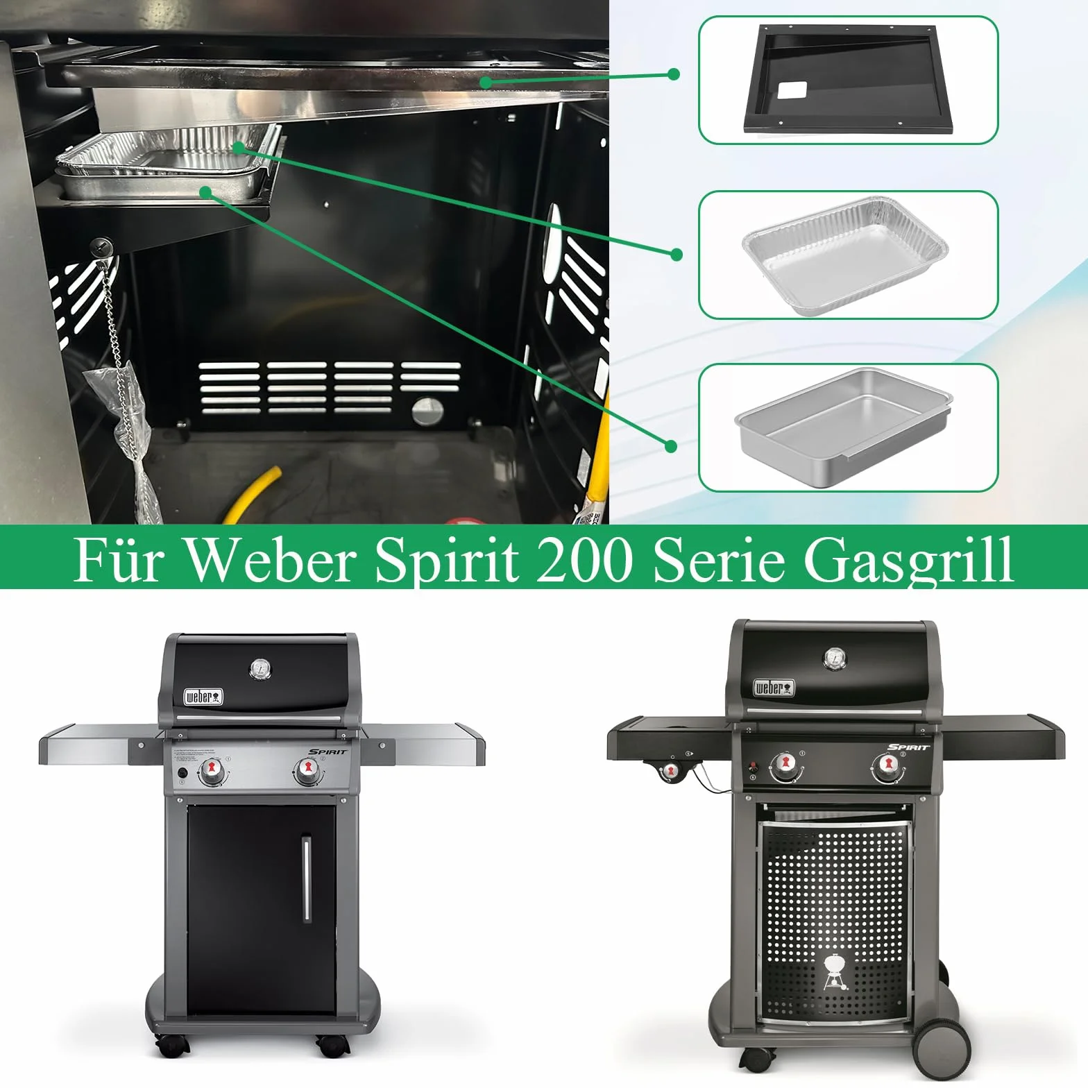 WELL GRILL Piezas de repuesto para barbacoas de gas Weber Spirit 200 Series, 69803, bandeja colectora de grasa con bandeja de goteo de acero inoxidable 83156 y bandejas de aluminio 6415 para Spirit