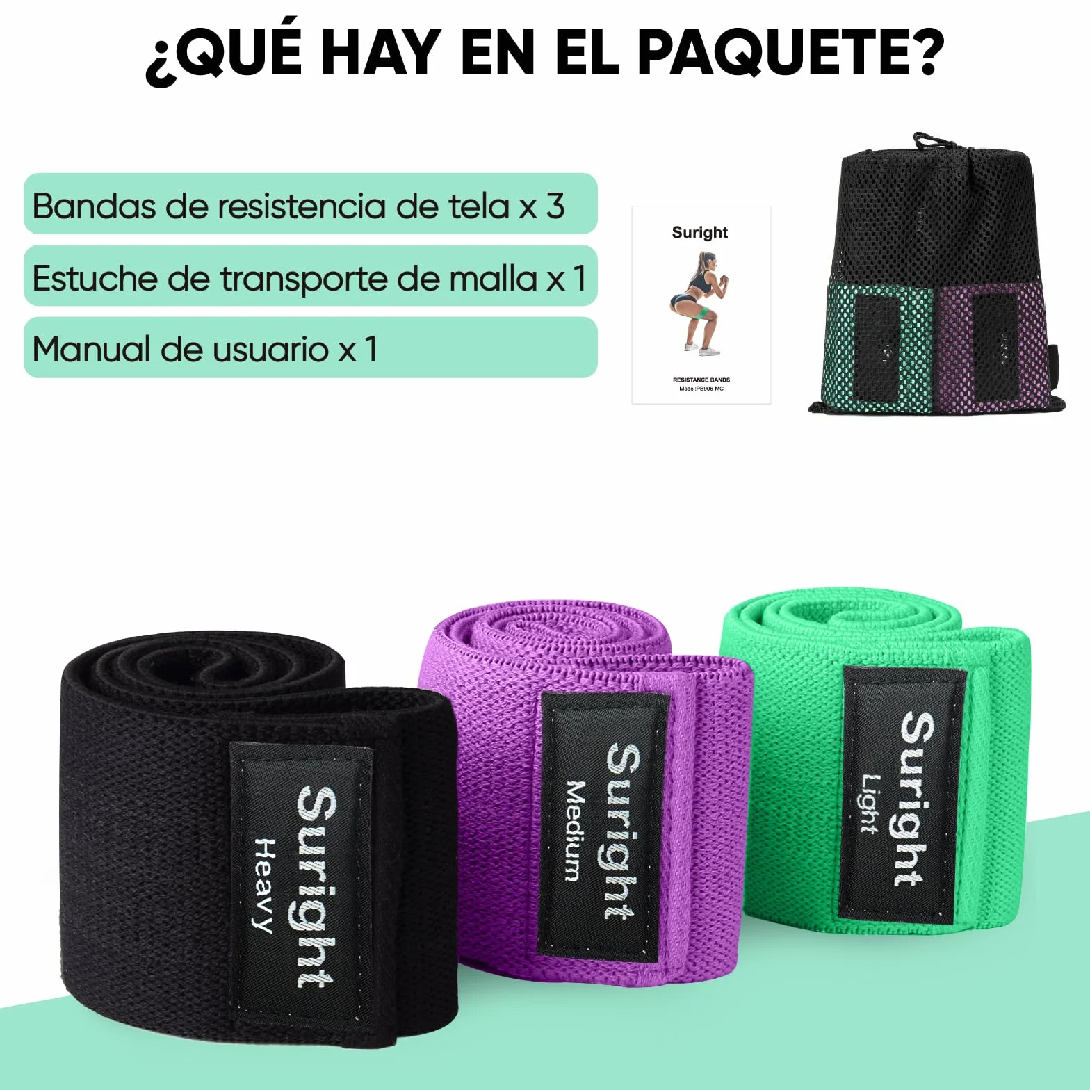 Suright Bandas Elasticas Musculacion Antideslizantes de Tela 3 Niveles para Gluteos, Cadera, Piernas
