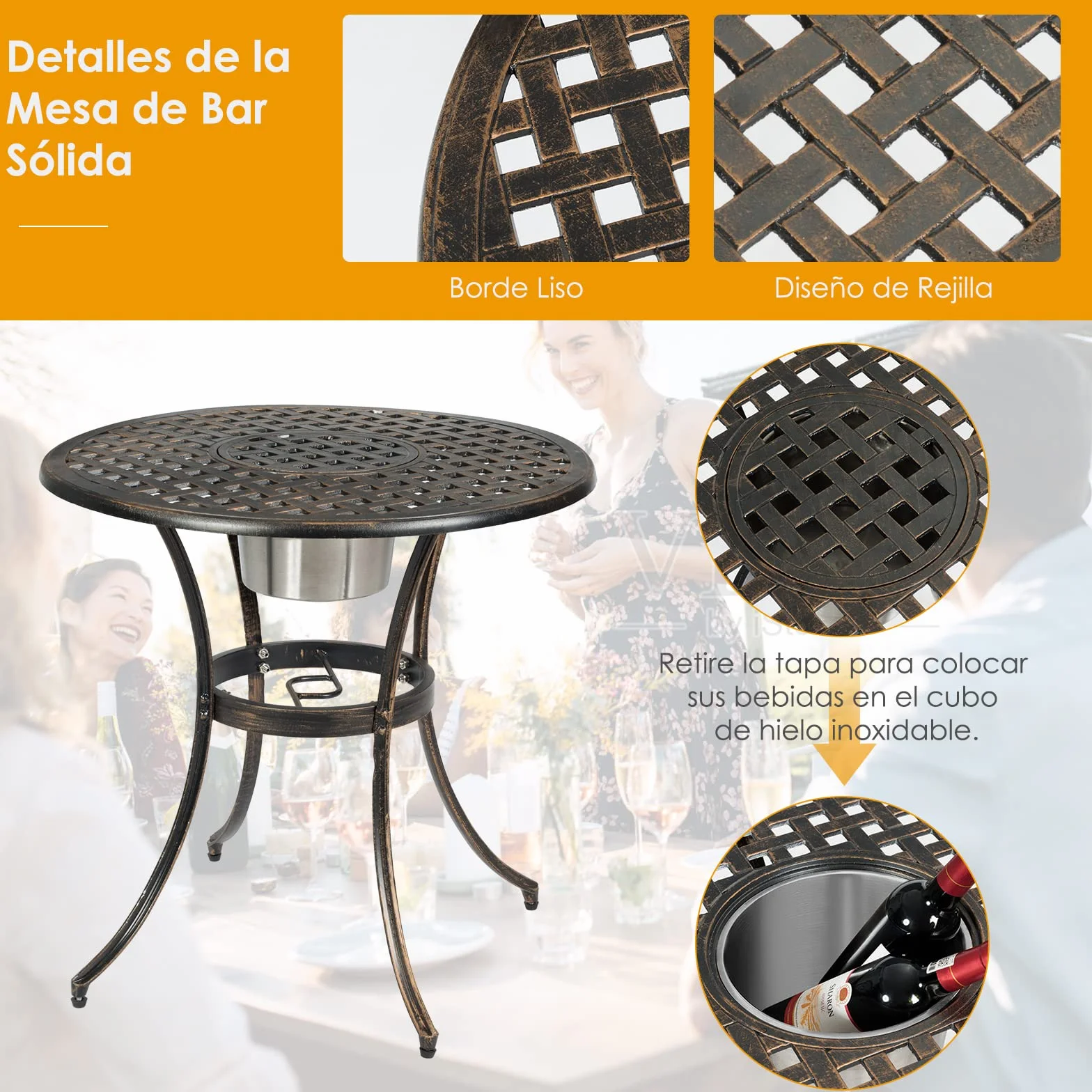 COSTWAY Juego de Mesa y Sillas de Bistró de 3 Piezas de Metal Fundido para Exterior con Mesa Redonda y Cubeta de Hielo