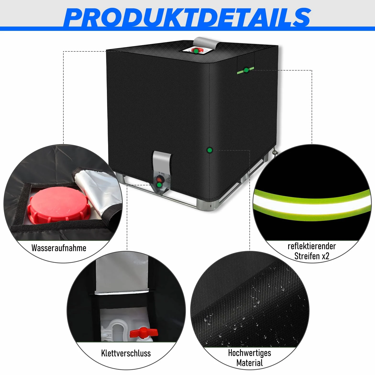 Cubierta protectora IBC UV 1000L 100x120x116cm con abertura franja reflectante