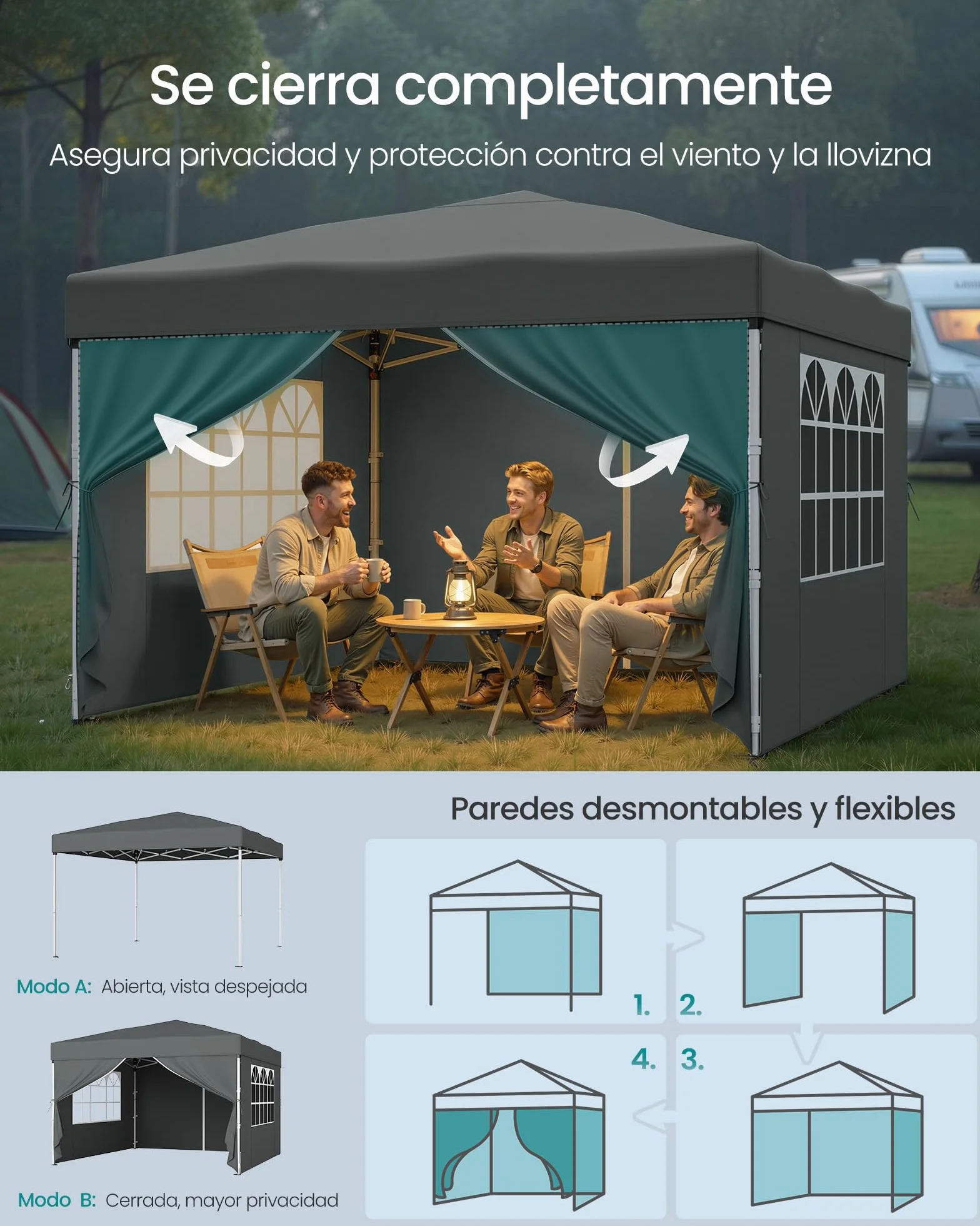 SONGMICS Cenador 3 x 3 m con Paneles Laterales, Carpa Plegable, Protección Solar, Resistente a Lluvia Ligera, Portátil, para Patio, Jardín, Mercadillo, Gris Oscuro GCT104GZ01