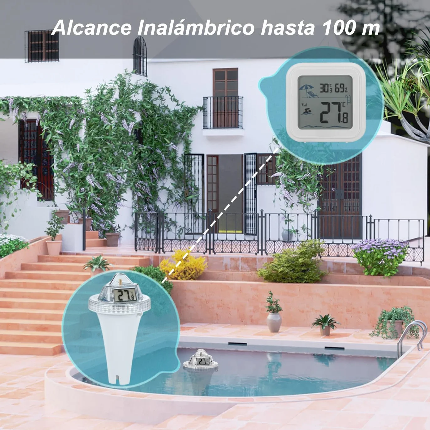 Termómetro Flotante Inalámbrico para Piscina con 3 Pantallas LCD Monitor de Temperatura de Agua Exterior