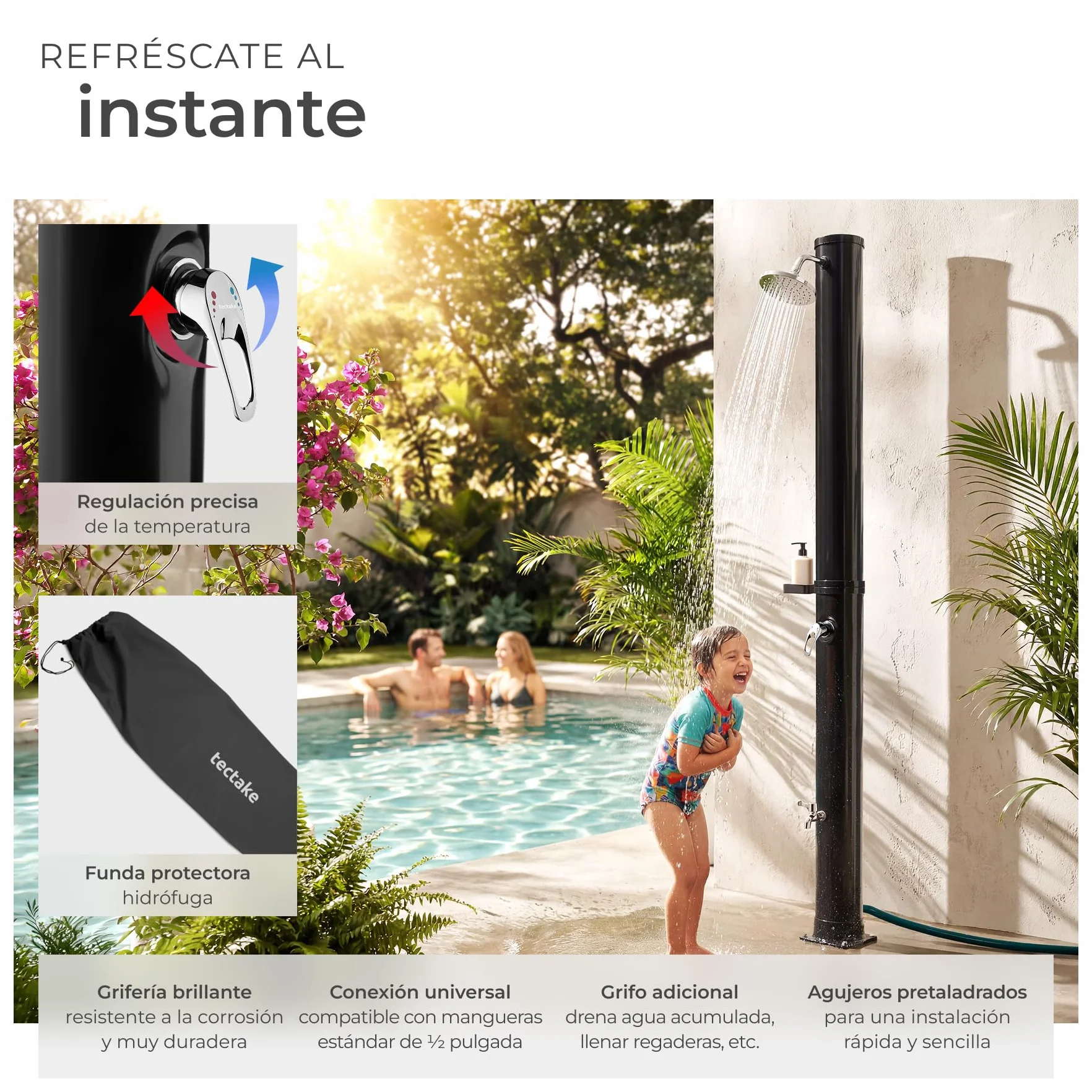 Tectake Ducha Solar Exterior 40 L Negro Resistente Intemperie Alcachofa 360°