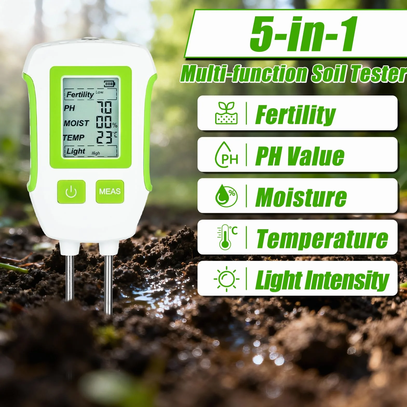 PATEMZON Medidor de Suelo 5 en 1 pH Humedad Temperatura Luz con Pantalla LCD