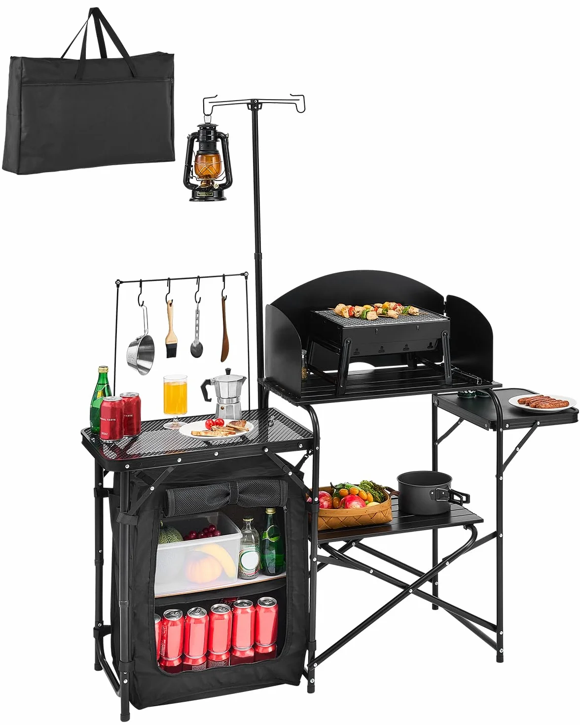 VEVOR Mesa de Cocina para Acampar al Aire Libre, de Aluminio, con Armario de Almacenamiento, Bolsa de Transporte, Parabrisas Desmontable, Apto para Barbacoa, Fiesta, Pícnic, Viajes en RV, Negro